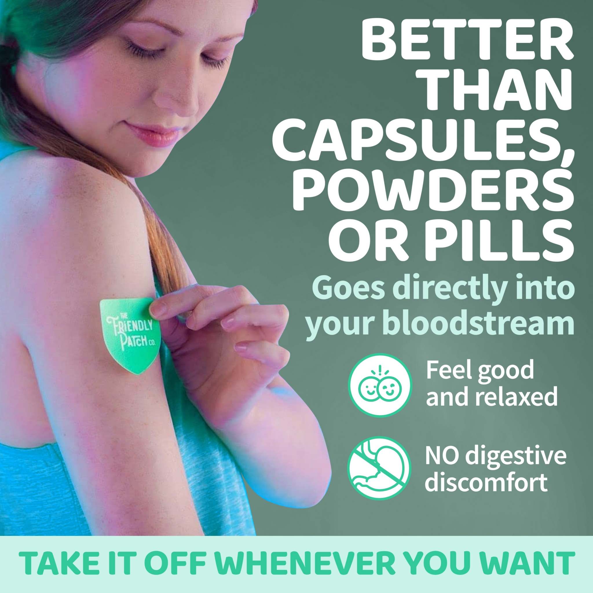 Relax & Let Go green adhesive travel patch on woman's upper arm promoting relaxation and ease without digestive discomfort