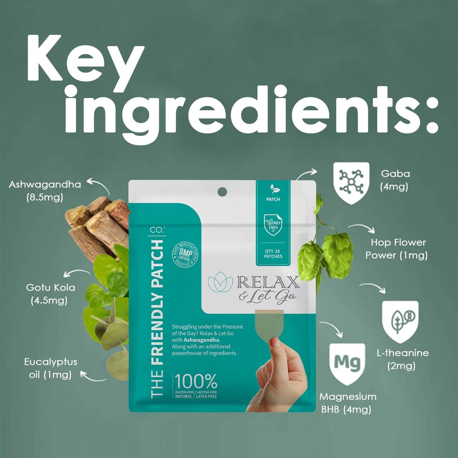 Relax & Let Go Patches plant-powered calming patch in white and teal pouch, highlighting natural herbal ingredients for relaxation support.