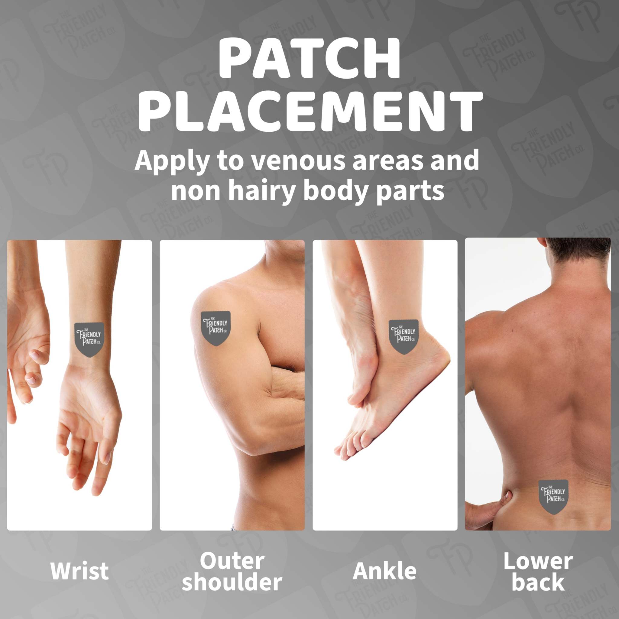 Relax & Let Go Patches shown applied on wrist, outer shoulder, ankle, and lower back for venous, non-hairy areas.