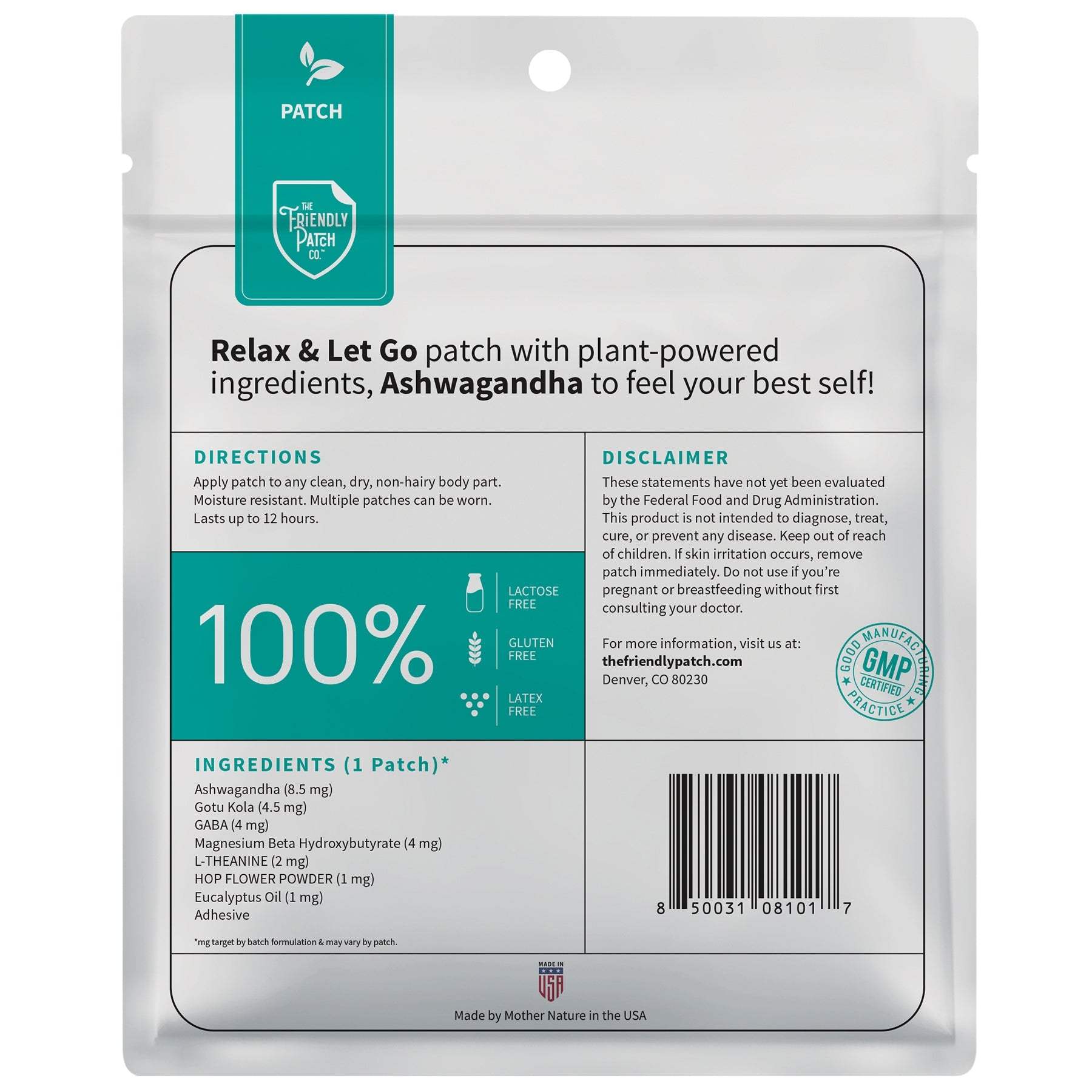 Relax & Let Go Patches packaging in white with teal accents, listing ingredients and benefits of the calming patch.