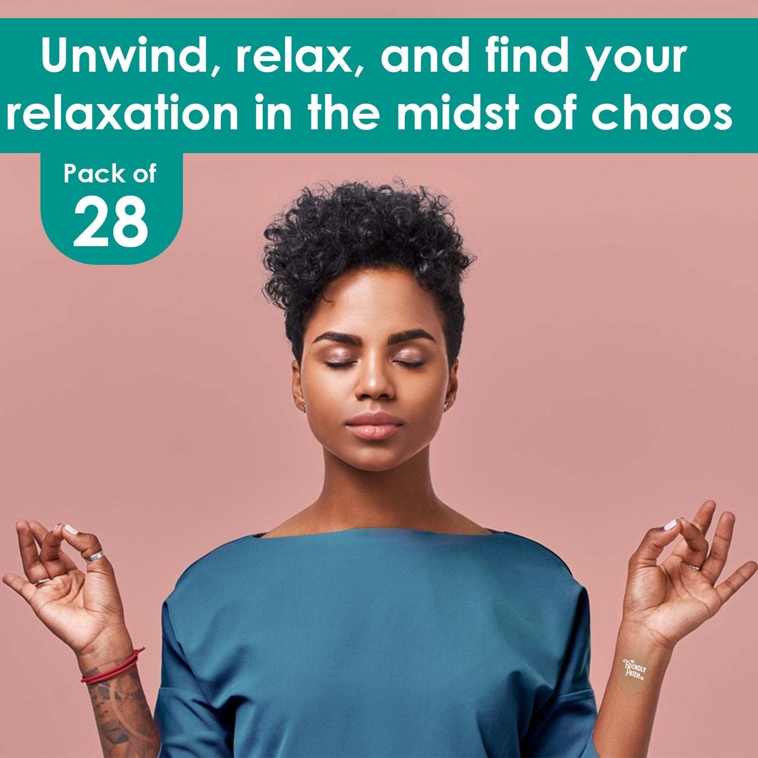 Meditating woman with dark curly hair and blue top showing Relax & Let Go Patches on wrist for calming and relaxation.