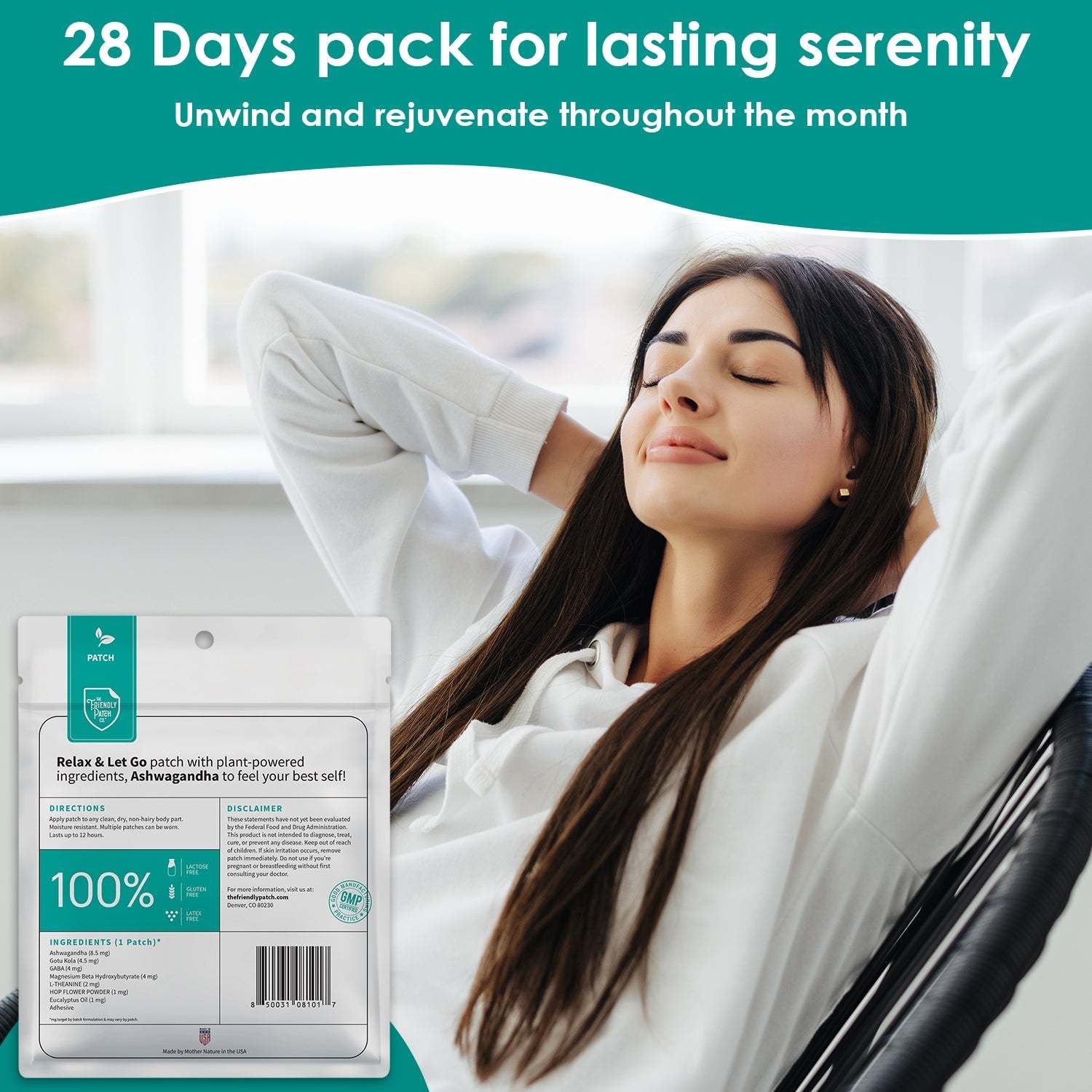 Relax & Let Go Patches white resealable bag with teal label, herbal ingredients for stress relief, displayed near a woman relaxing