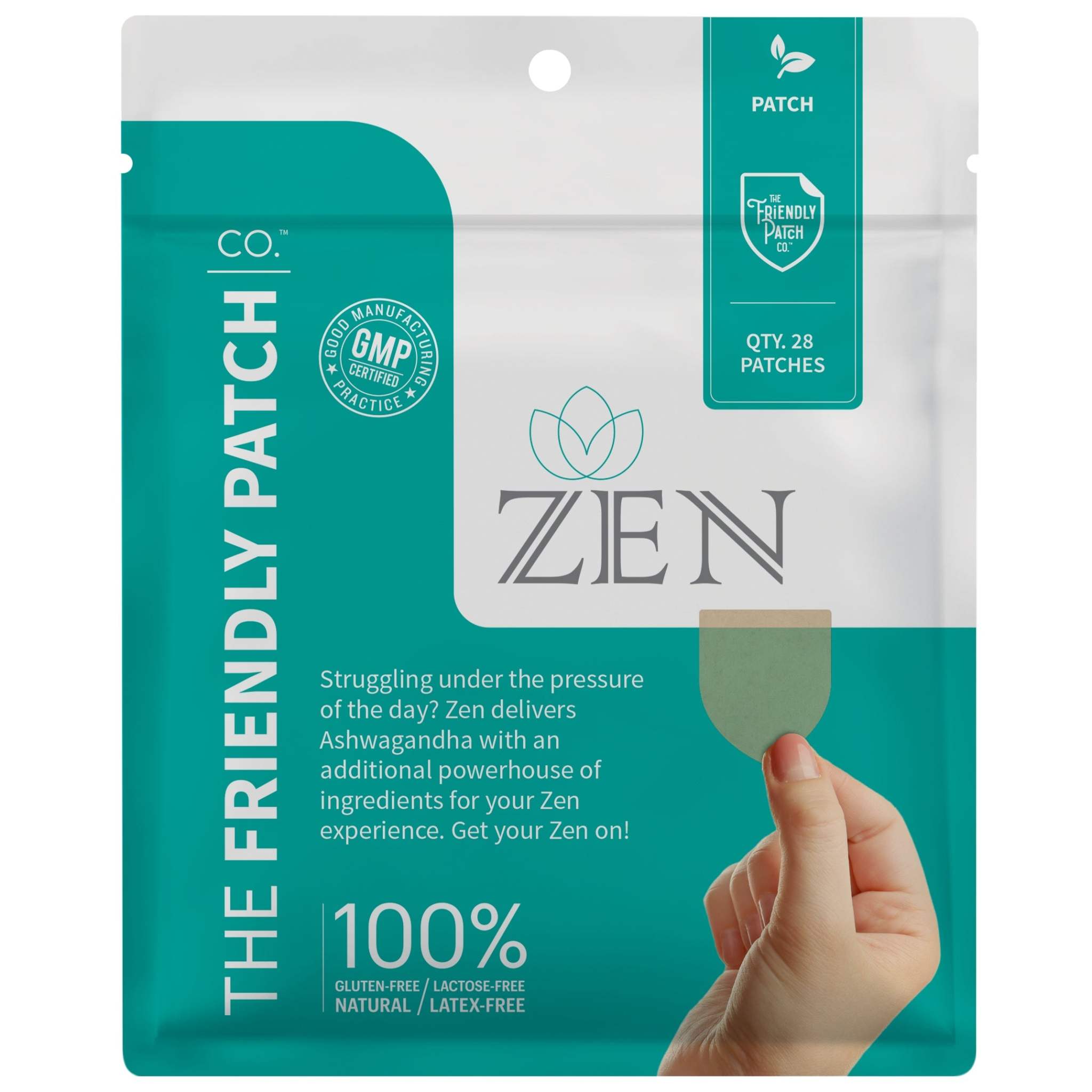 Relax & Let Go Patches packaging in teal and white with a hand holding a small beige patch, featuring natural, gluten-free ingredients.