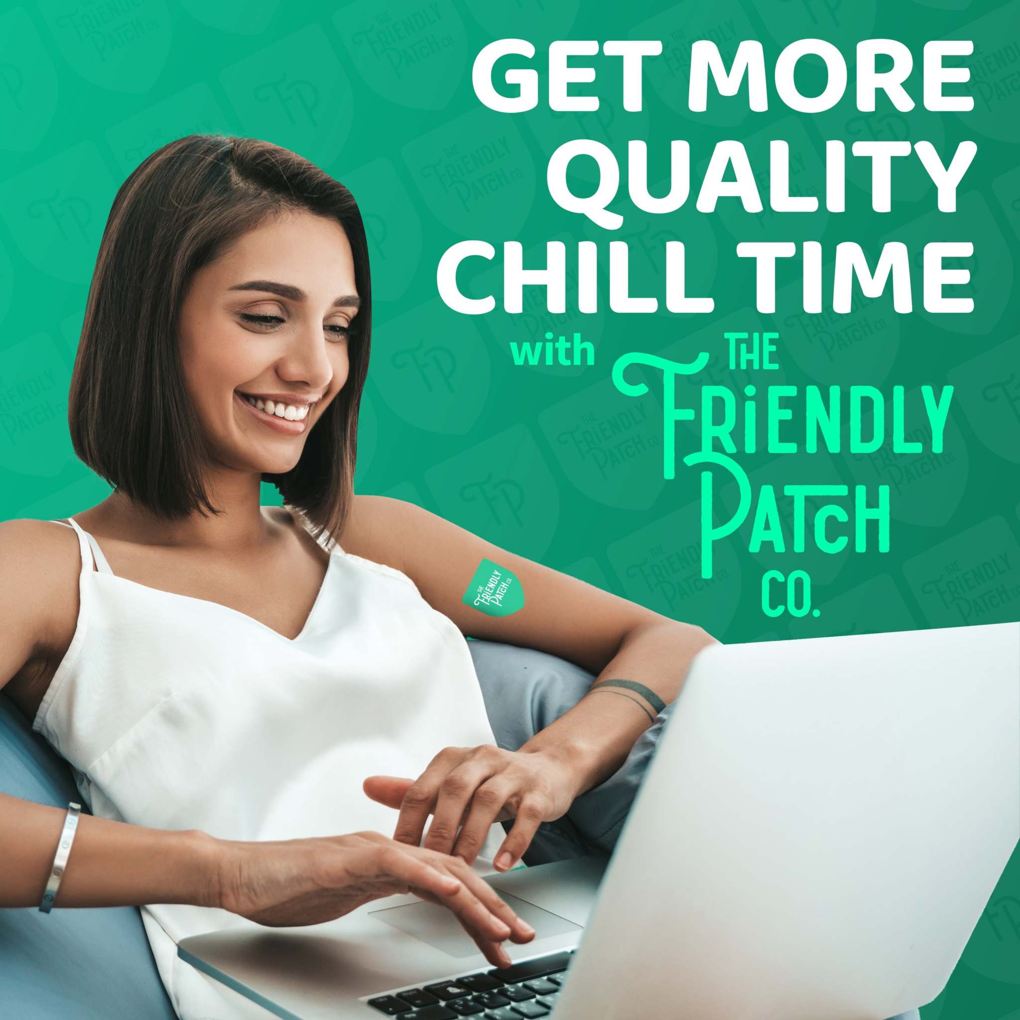 travel patch in teal on young woman’s arm promoting Relax & Let Go for calming and relaxation benefits