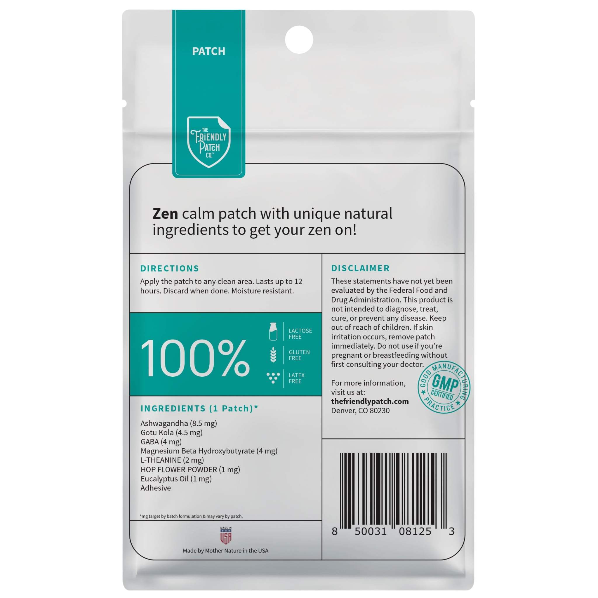Relax & Let Go travel patch pack with white resealable pouch featuring ingredient list and product information in green and black text