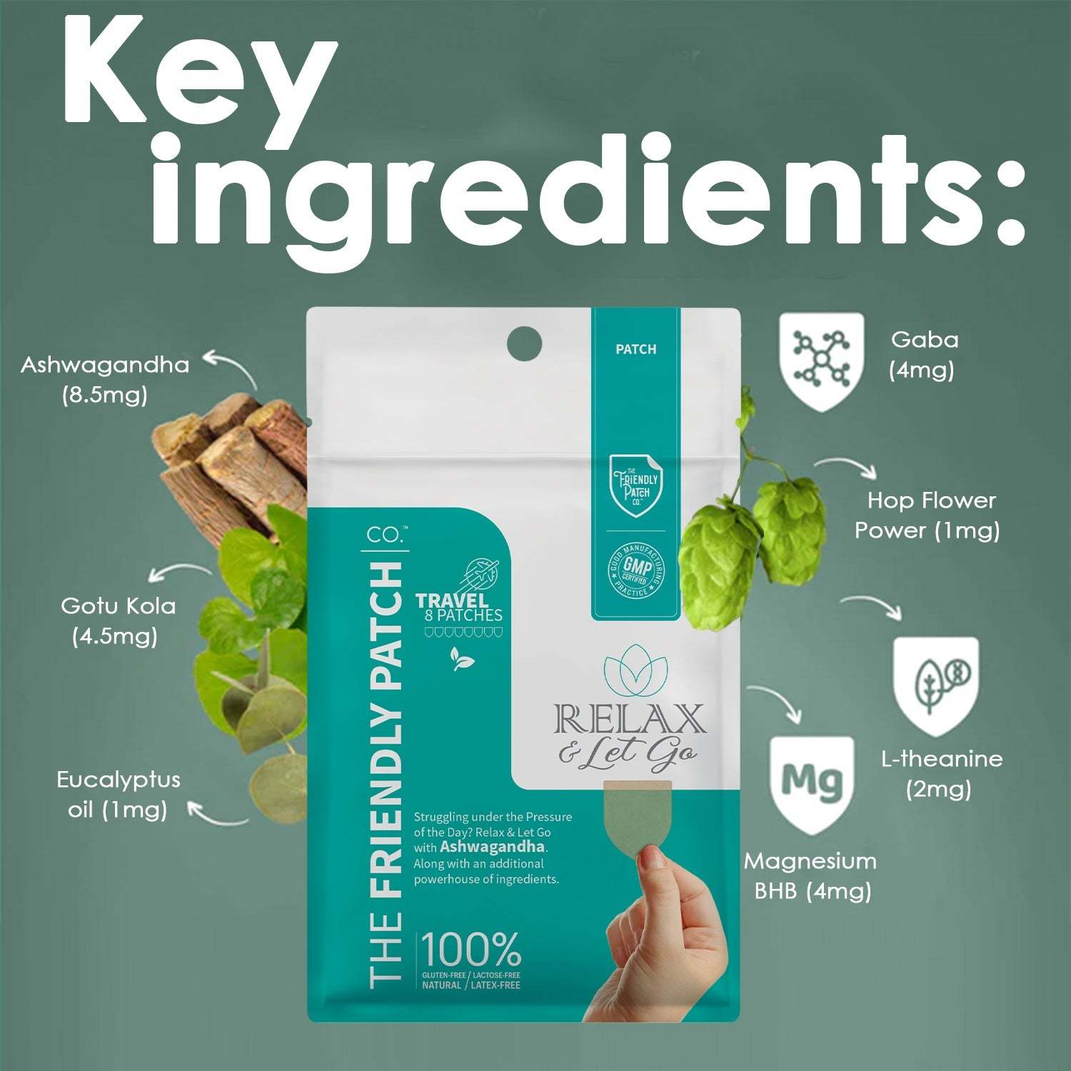 Relax & Let Go travel patch pack with teal and white packaging highlighting natural ingredients like Ashwagandha and Gaba