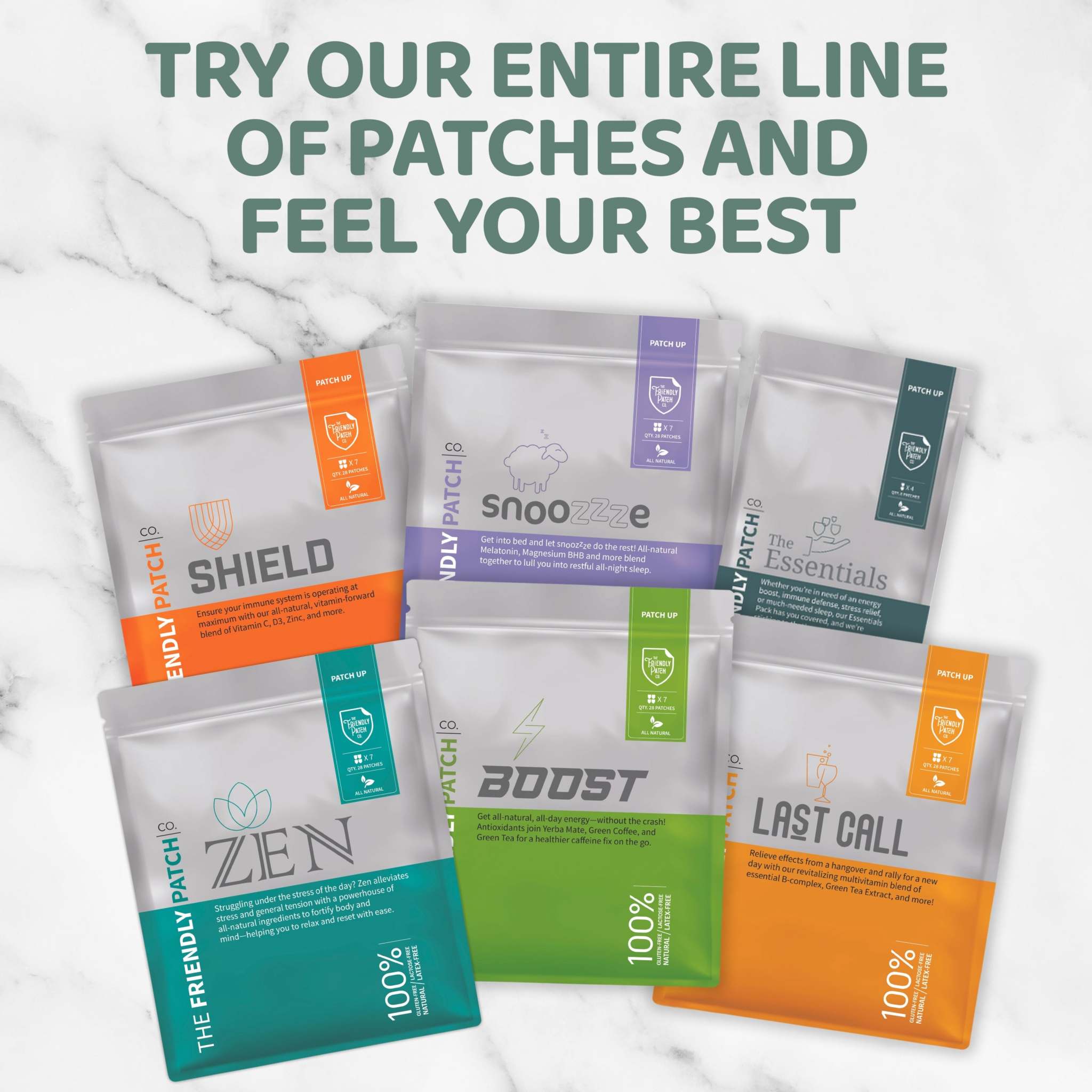 Relax & Let Go travel patches 8 pack with colorful resealable pouches labeled Shield, Snooze, Essentials, Zen, Boost, and Last Call on a white marble surface