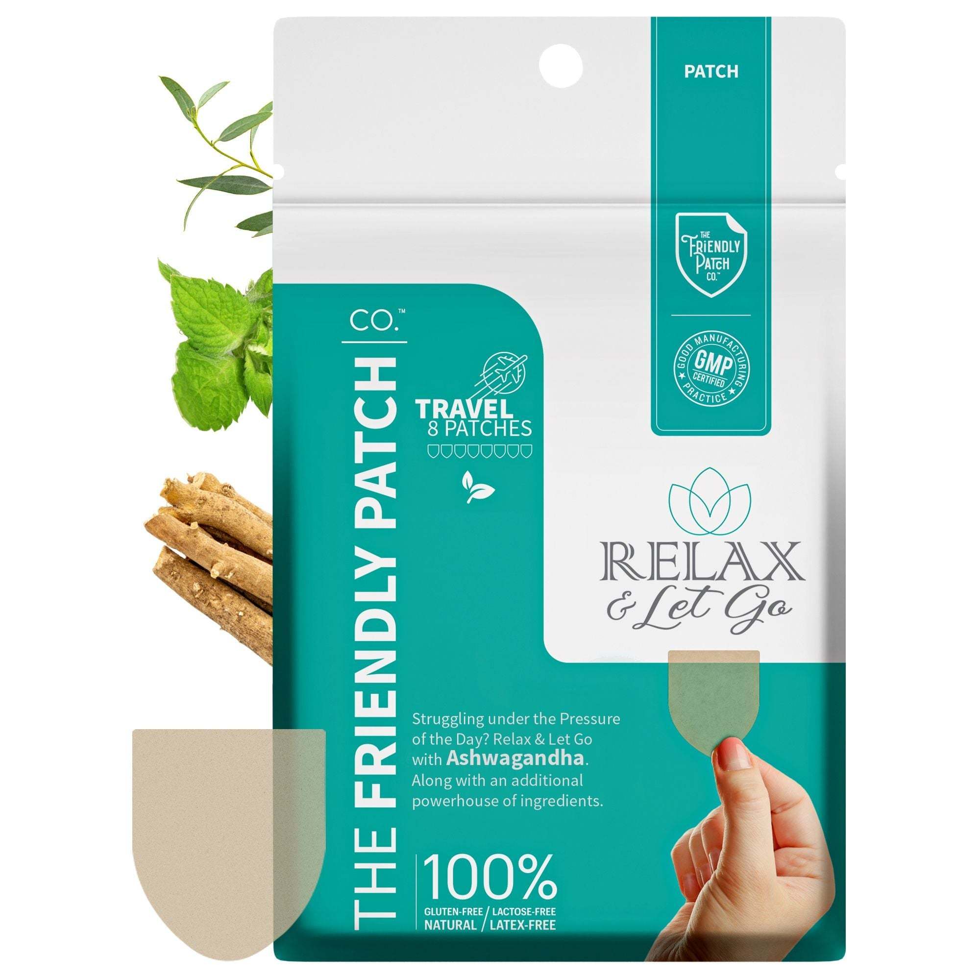Relax & Let Go travel patches pack with teal and white packaging showcasing natural ingredients like Ashwagandha, held by hand