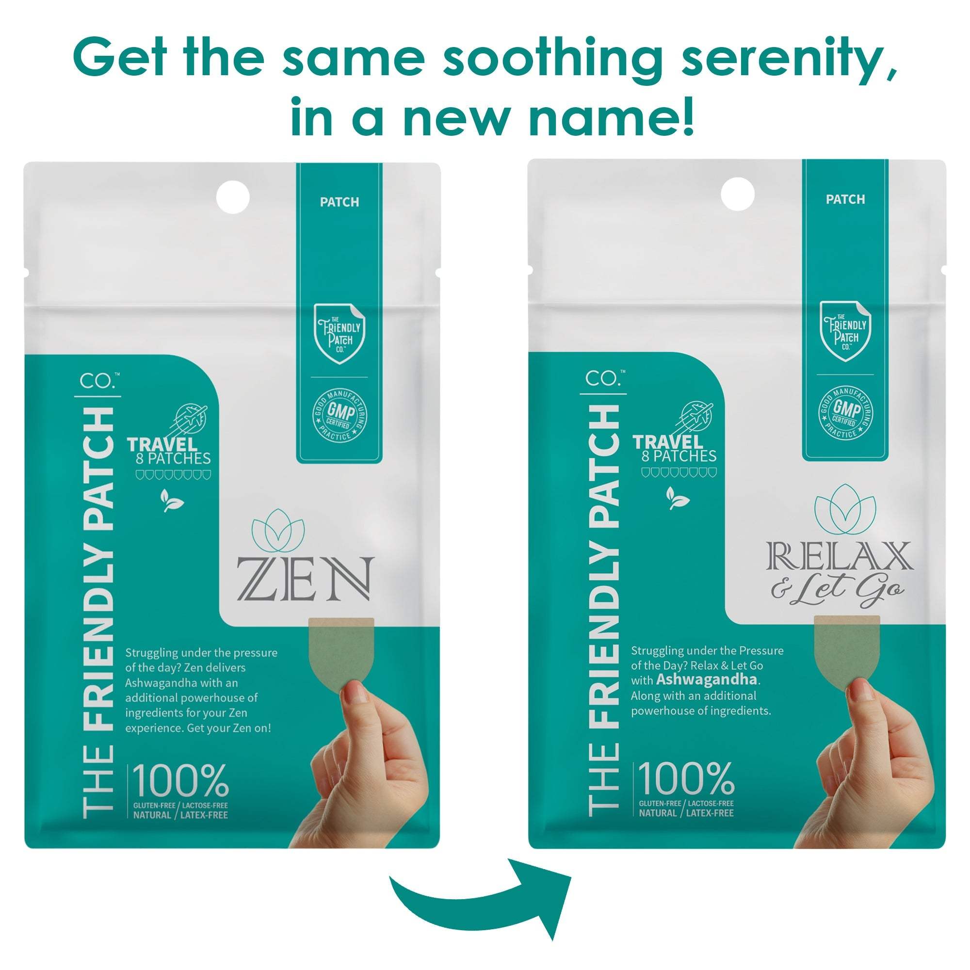 Relax & Let Go travel patches packaging duo with white and teal design, highlighting natural ingredients and calmness benefits