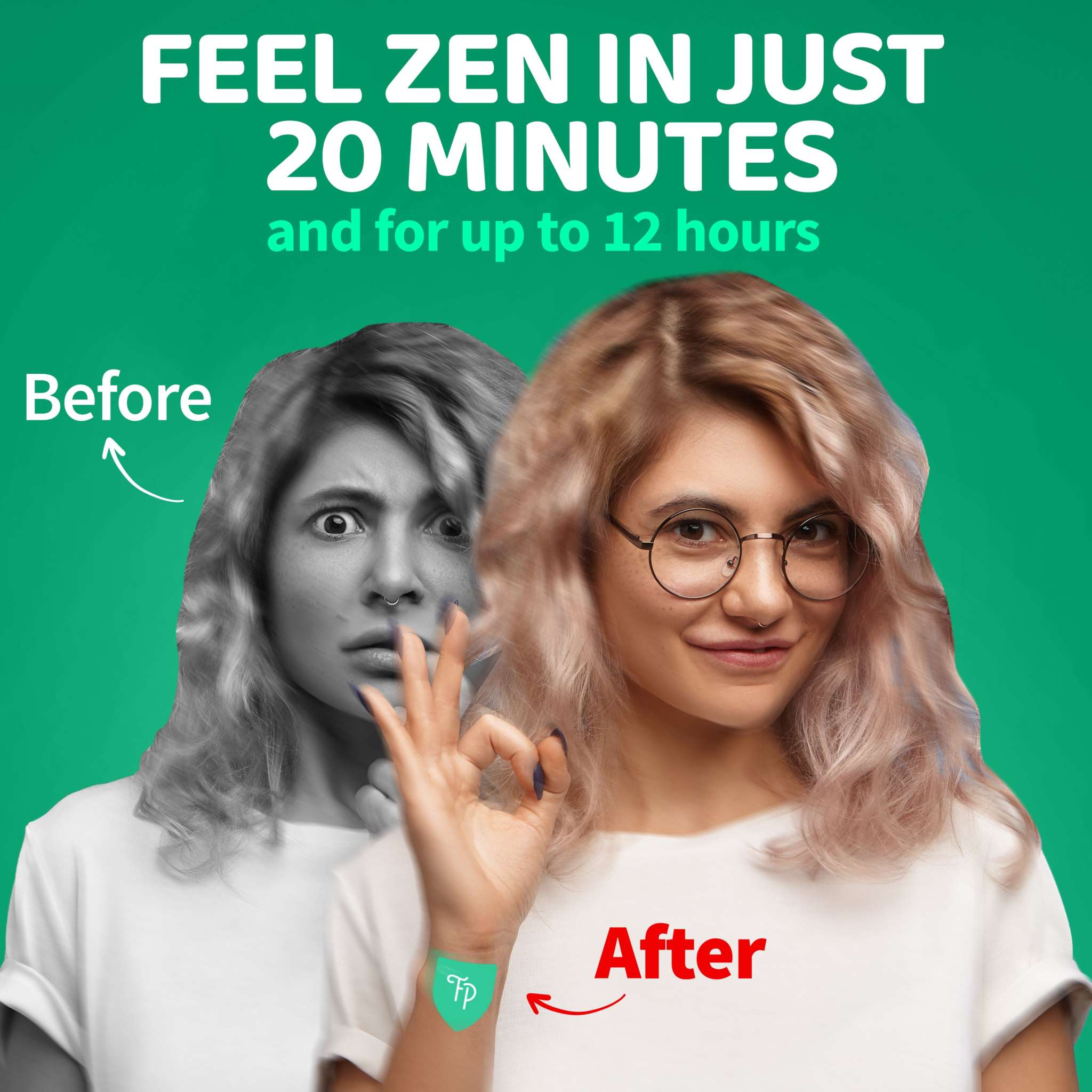 Relax & Let Go concept showing a woman before and after using a calming patch on her wrist promoting zen and relaxation