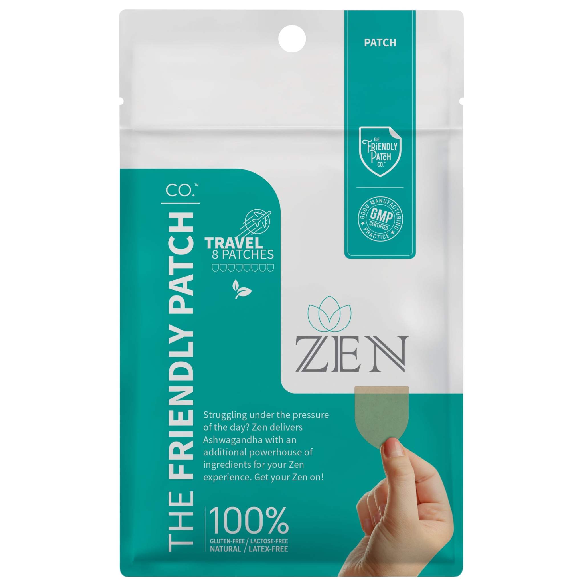 Zen Relax & Let Go travel patches pack in white and teal resealable pouch with hand holding one patch