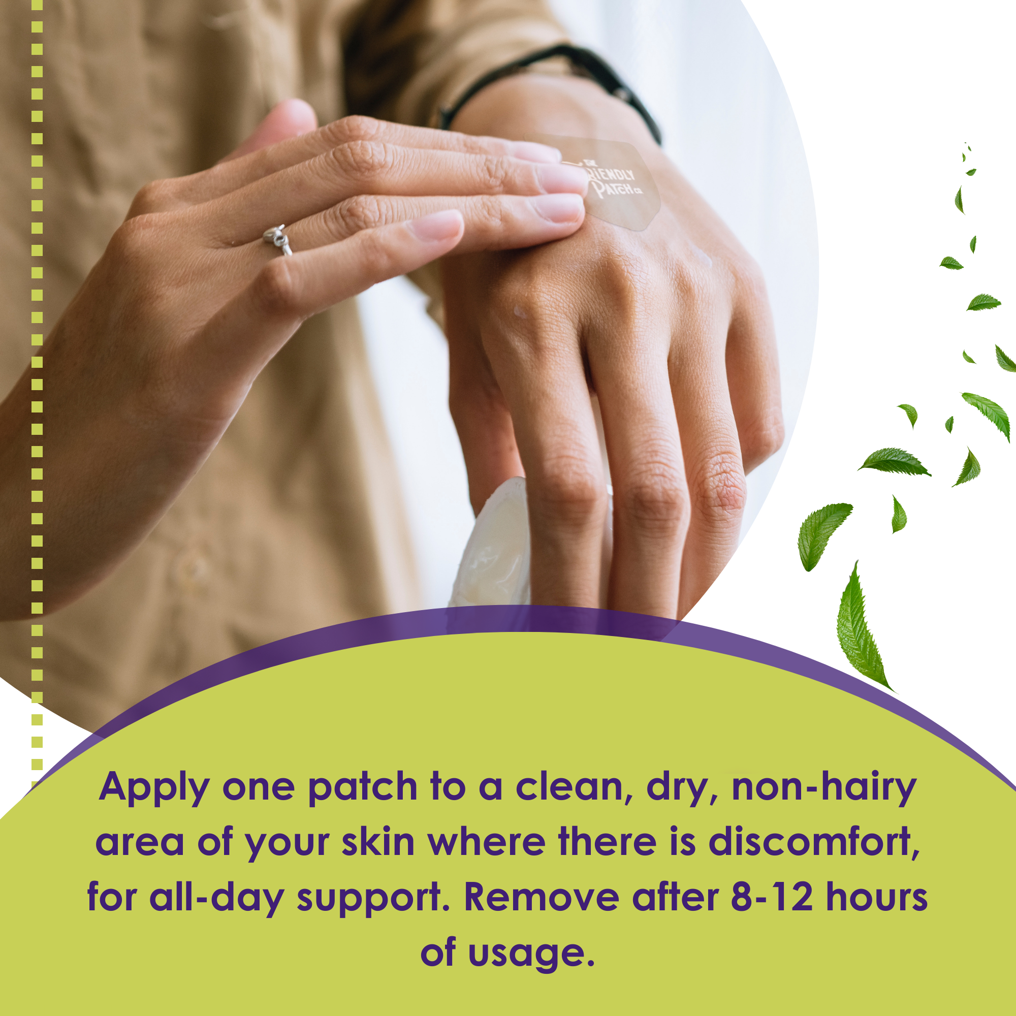 Relief Day Pain Patches being applied on hand skin, small transparent patch visible on back of hand with instructional text overlay