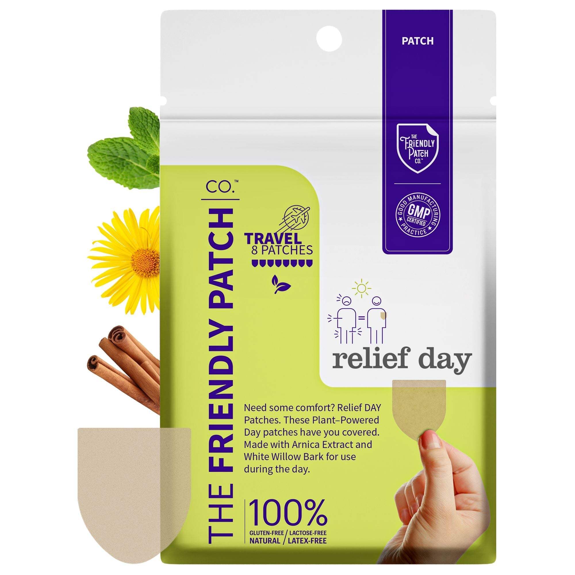 Relief Day Pain Patches pack with green and white packaging featuring plant-powered ingredients like arnica, white willow bark, and cinnamon