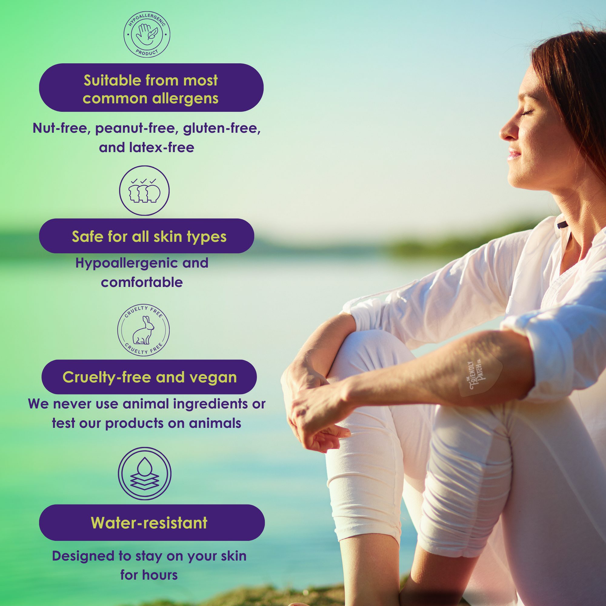Relief Day Pain Patches applied on forearm of a woman, translucent skin patches with calming and water-resistant features shown