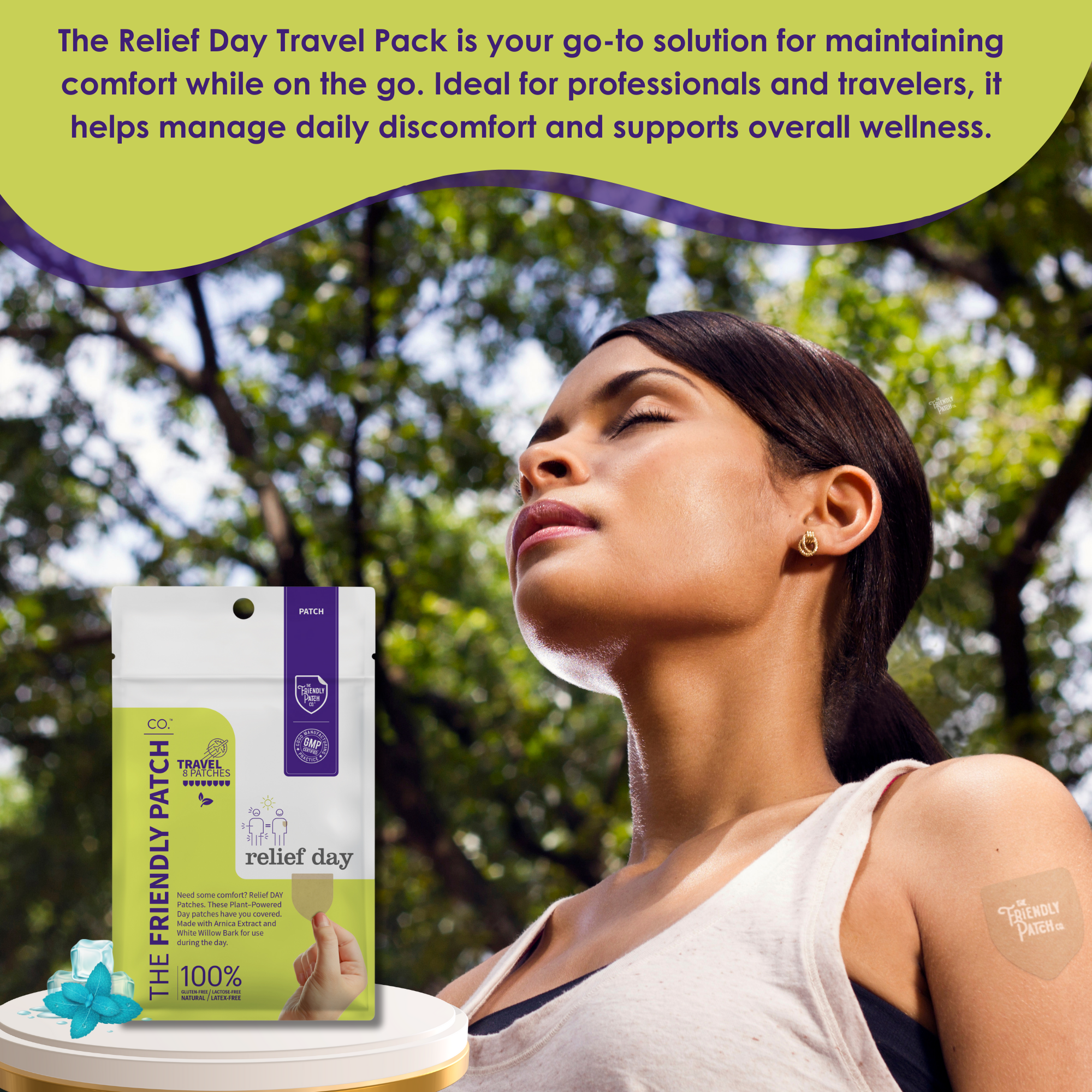 Relief Day Pain Patches pack with a beige patch applied on a woman's upper arm, promoting daily comfort and wellness