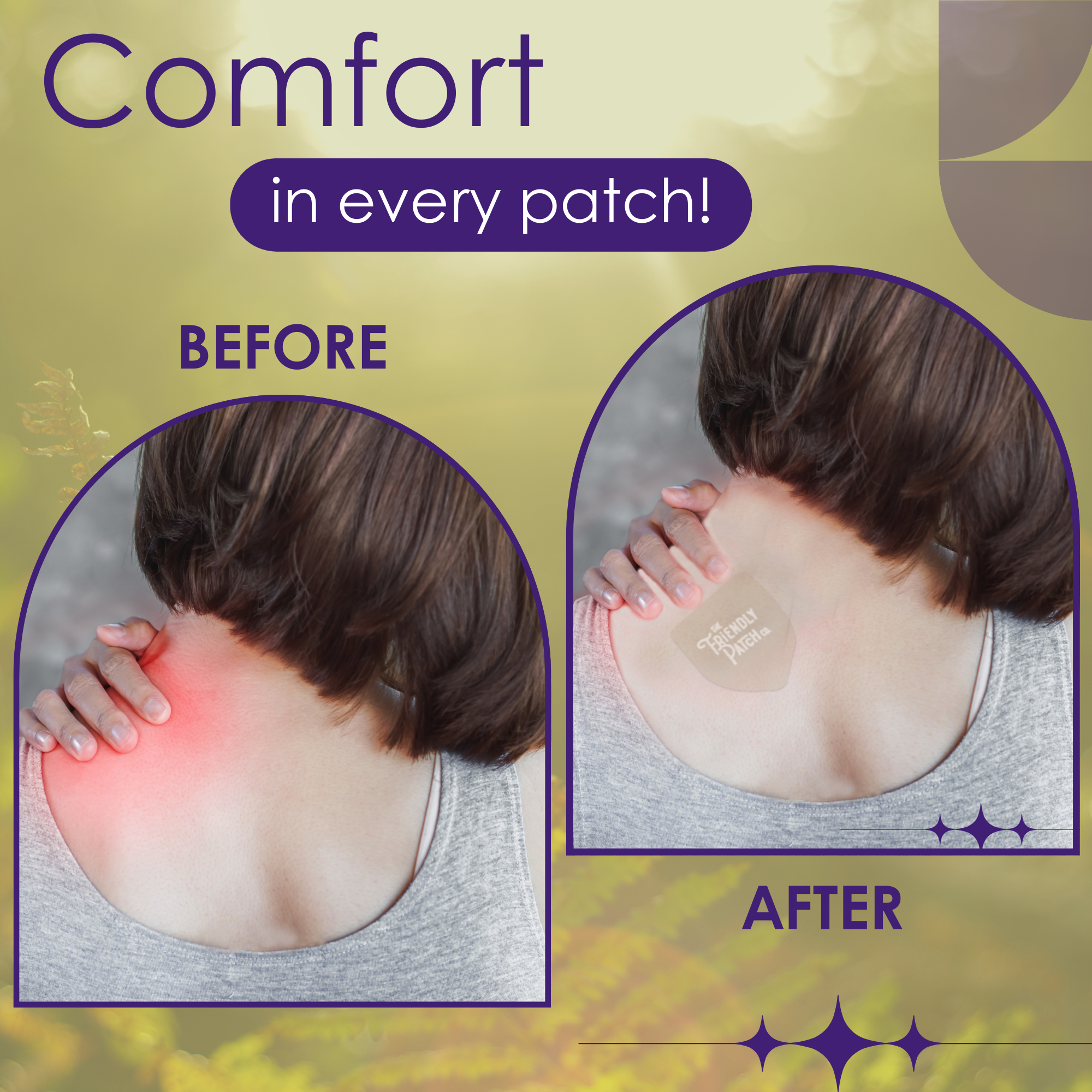 Relief Day Pain Patches showing a beige adhesive patch on a shoulder with red skin irritation before and clear skin after application