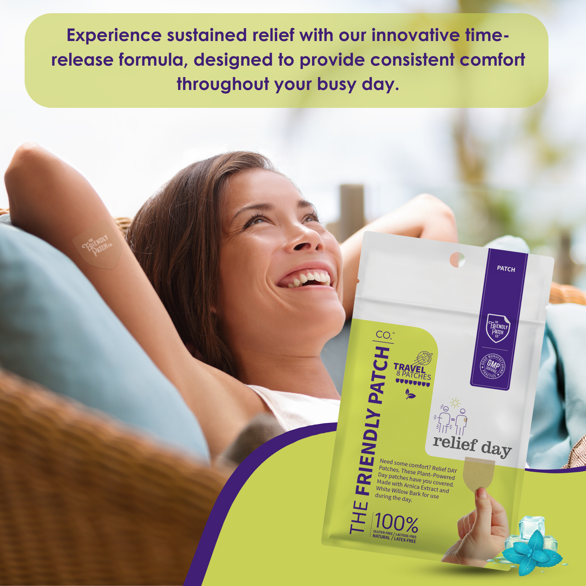 Relief Day Pain Patches packaging showing plant-powered ingredients with a woman wearing a beige patch on her upper arm, smiling relaxed