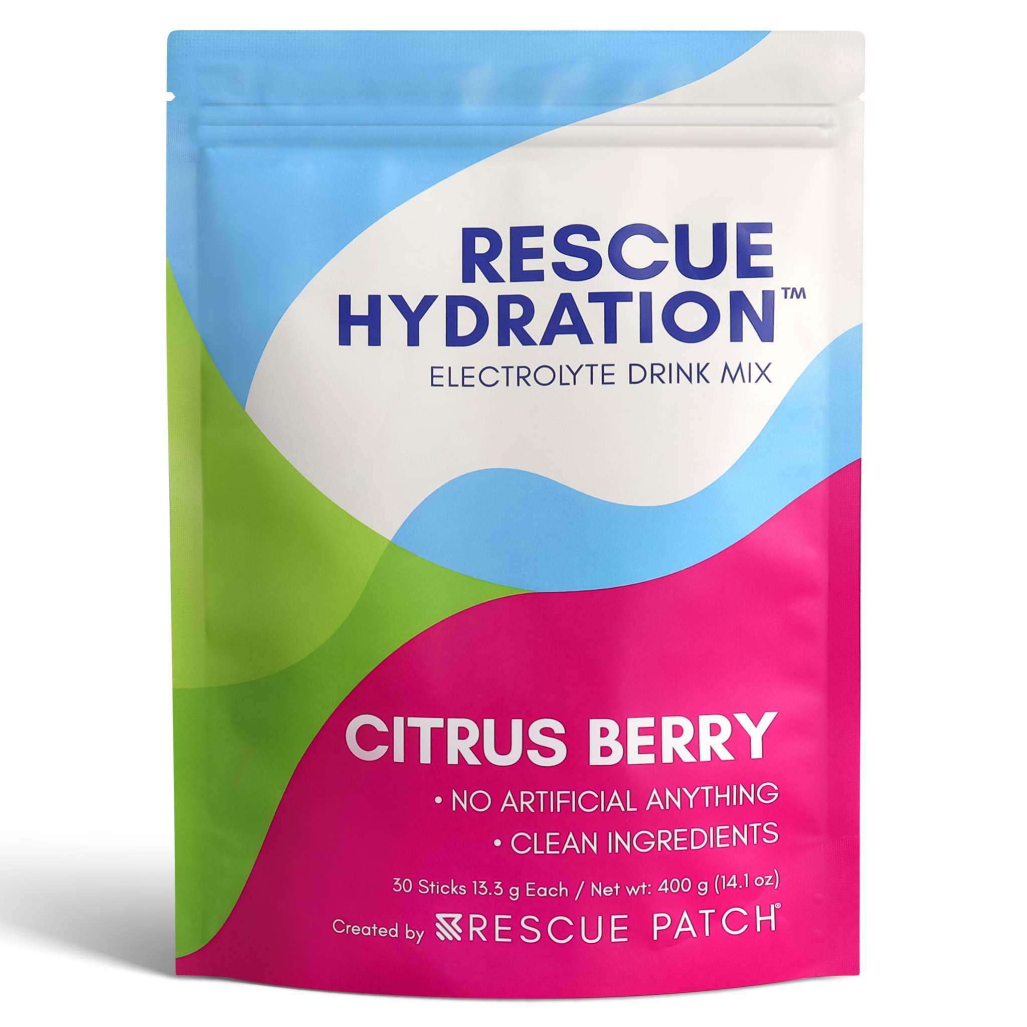 Rescue Hydration citrus berry electrolyte drink mix pouch with colourful design and 30 stick packets
