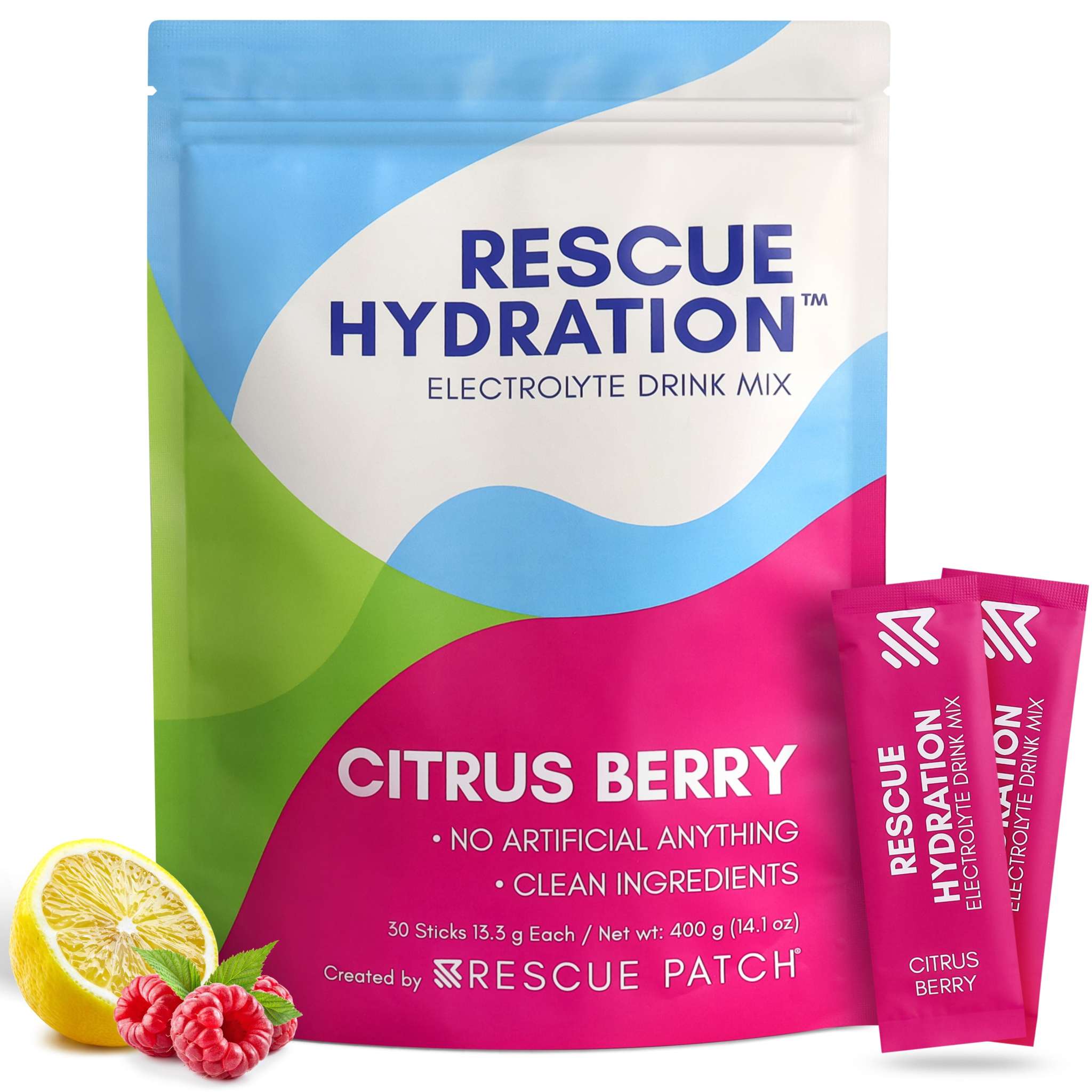 Rescue Hydration citrus berry electrolyte drink mix pouch with colorful packaging and two matching stick sachets