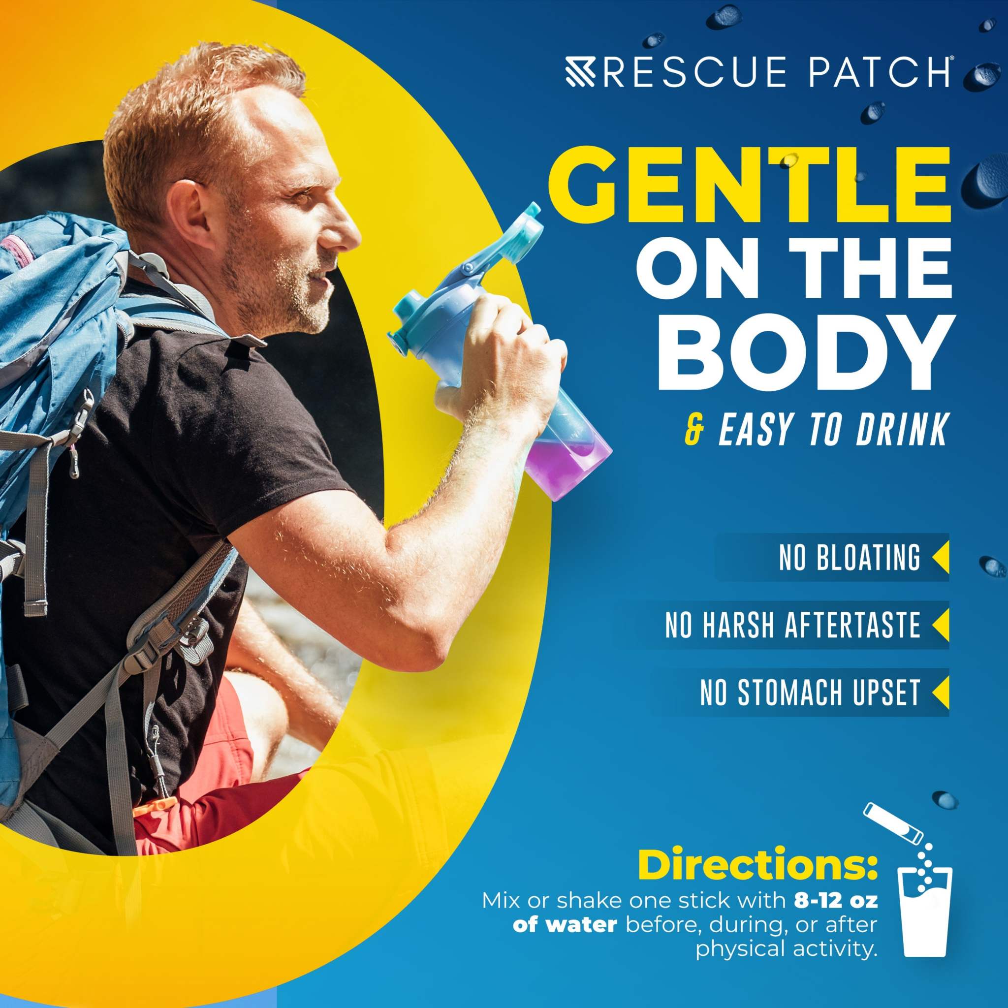 Rescue Hydration drink mix graphic showing a hiker drinking from a bottle, with gentle-on-the-body electrolyte messaging