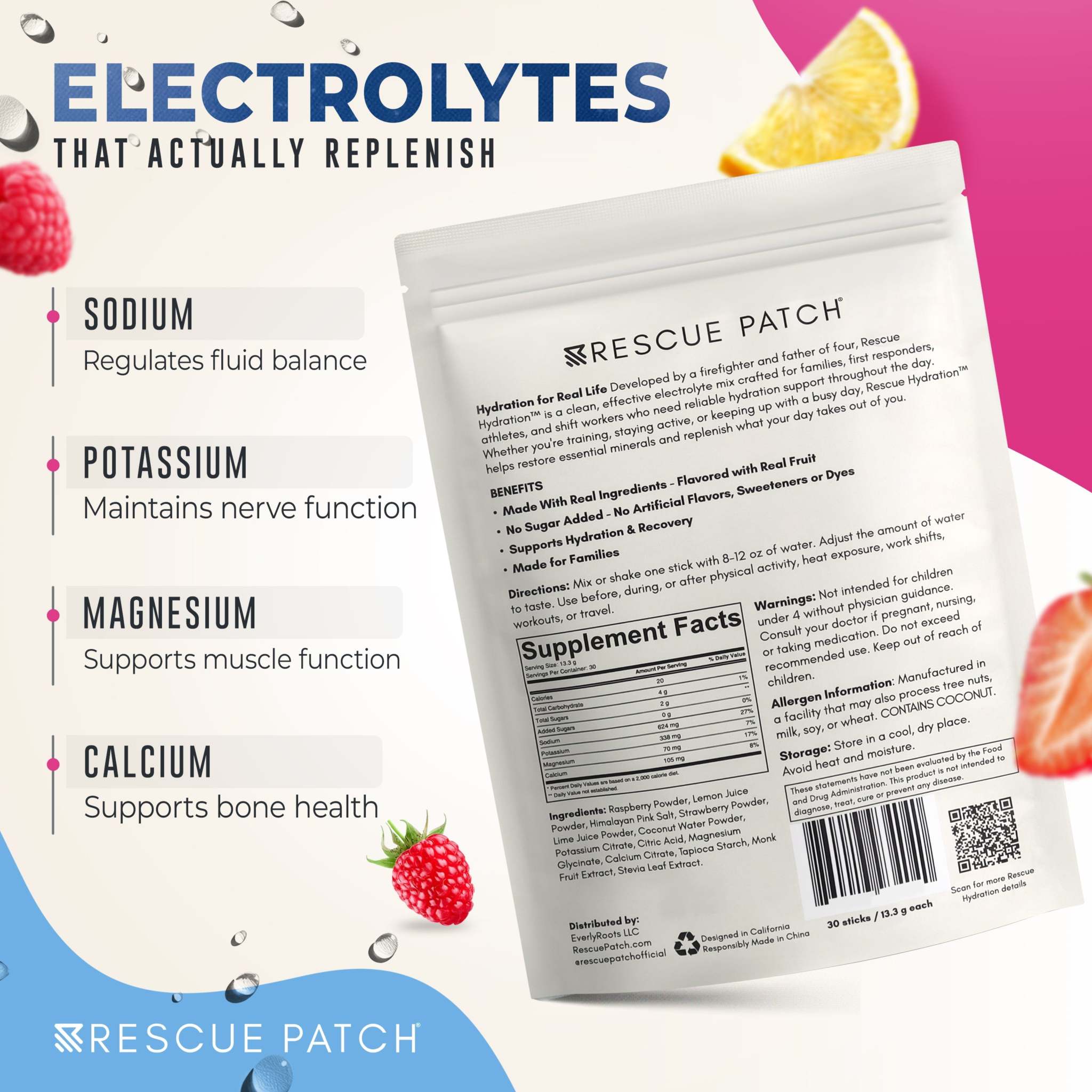 Rescue Hydration electrolyte drink mix pouch in white packaging with Rescue Patch branding and fruit graphics