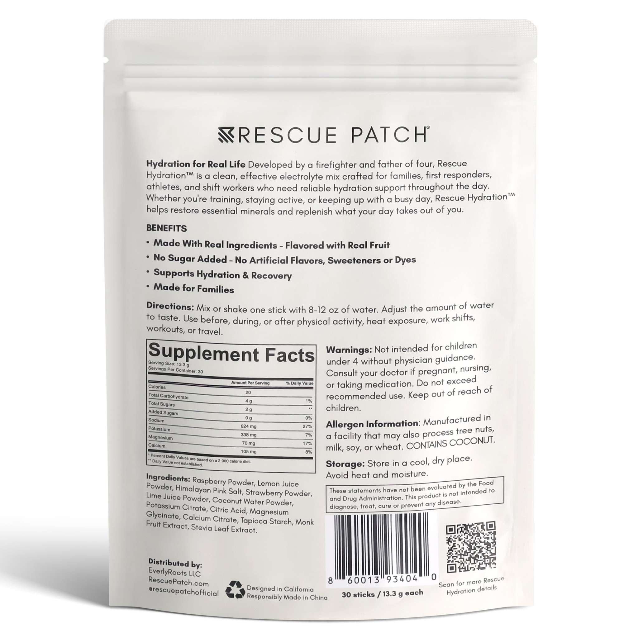 Rescue Hydration electrolyte drink mix pouch, white packaging with ingredient details and 30-stick count