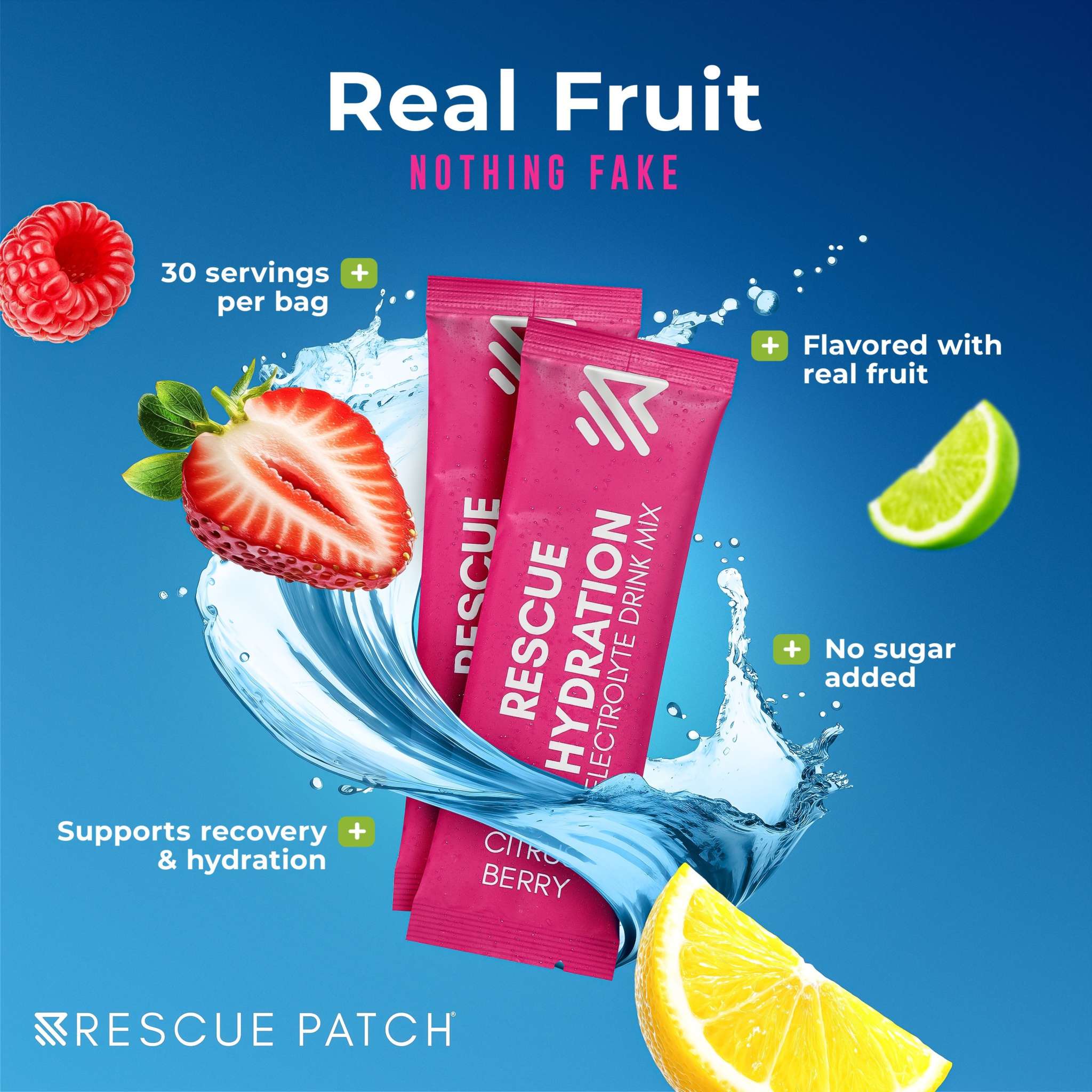 Rescue Hydration pink citrus berry electrolyte drink mix sticks with real fruit, 30 servings and no added sugar