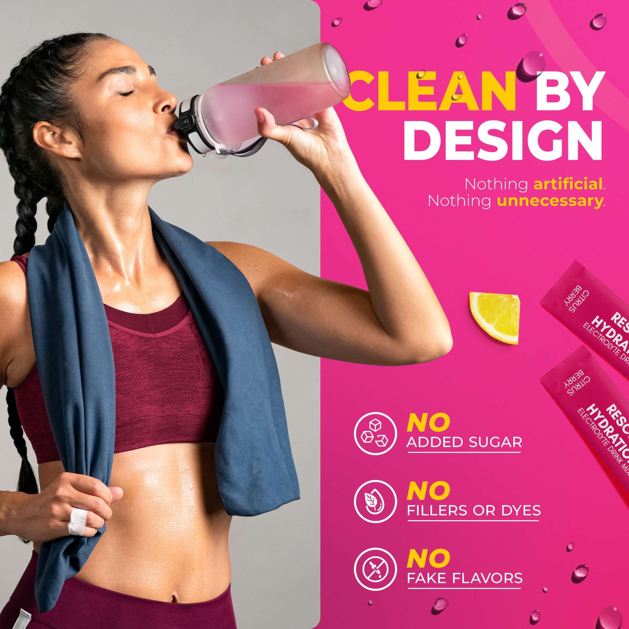 Rescue Hydration electrolyte drink mix in pink packets with a lemon slice and no added sugar claims