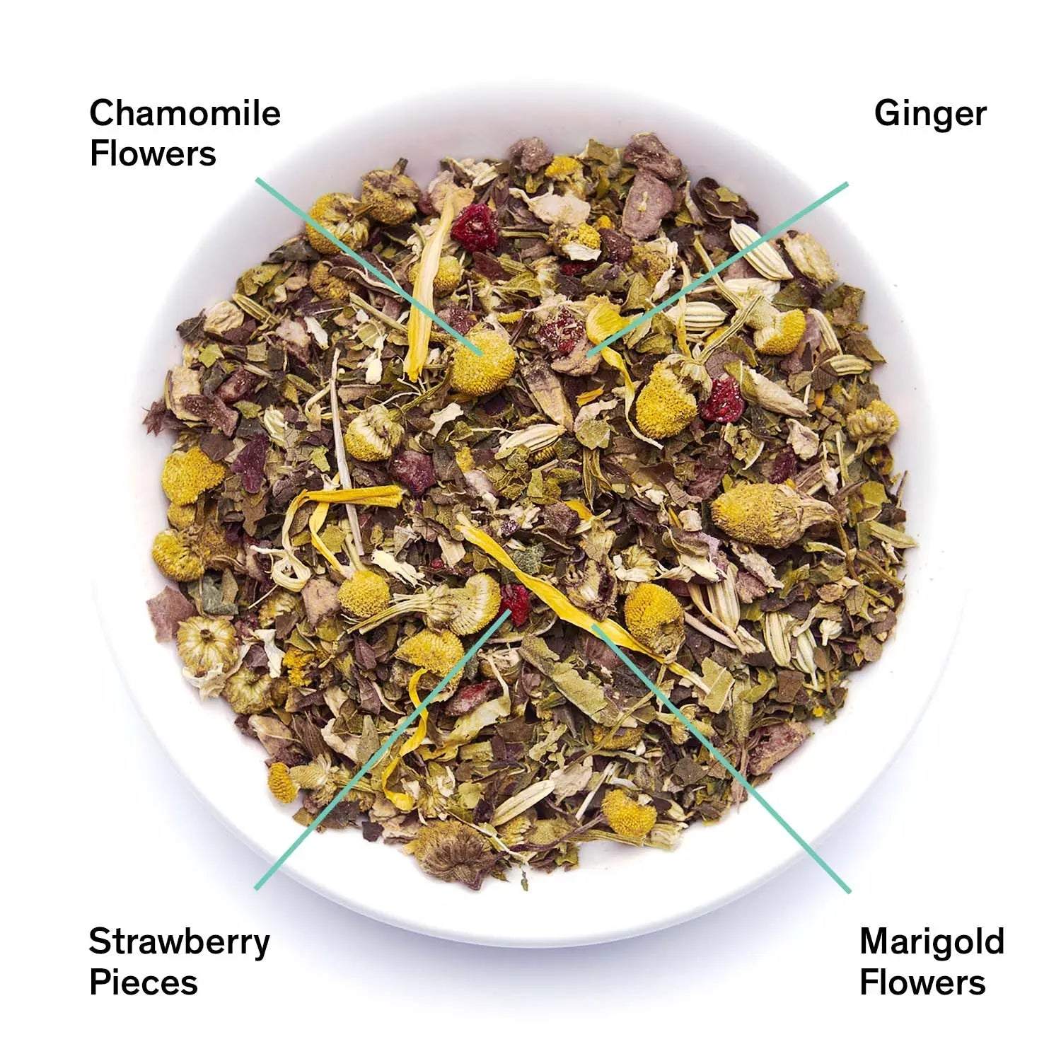 Rest and Digest Herbal Tea loose dried blend with chamomile flowers, ginger, strawberry pieces and marigold flowers
