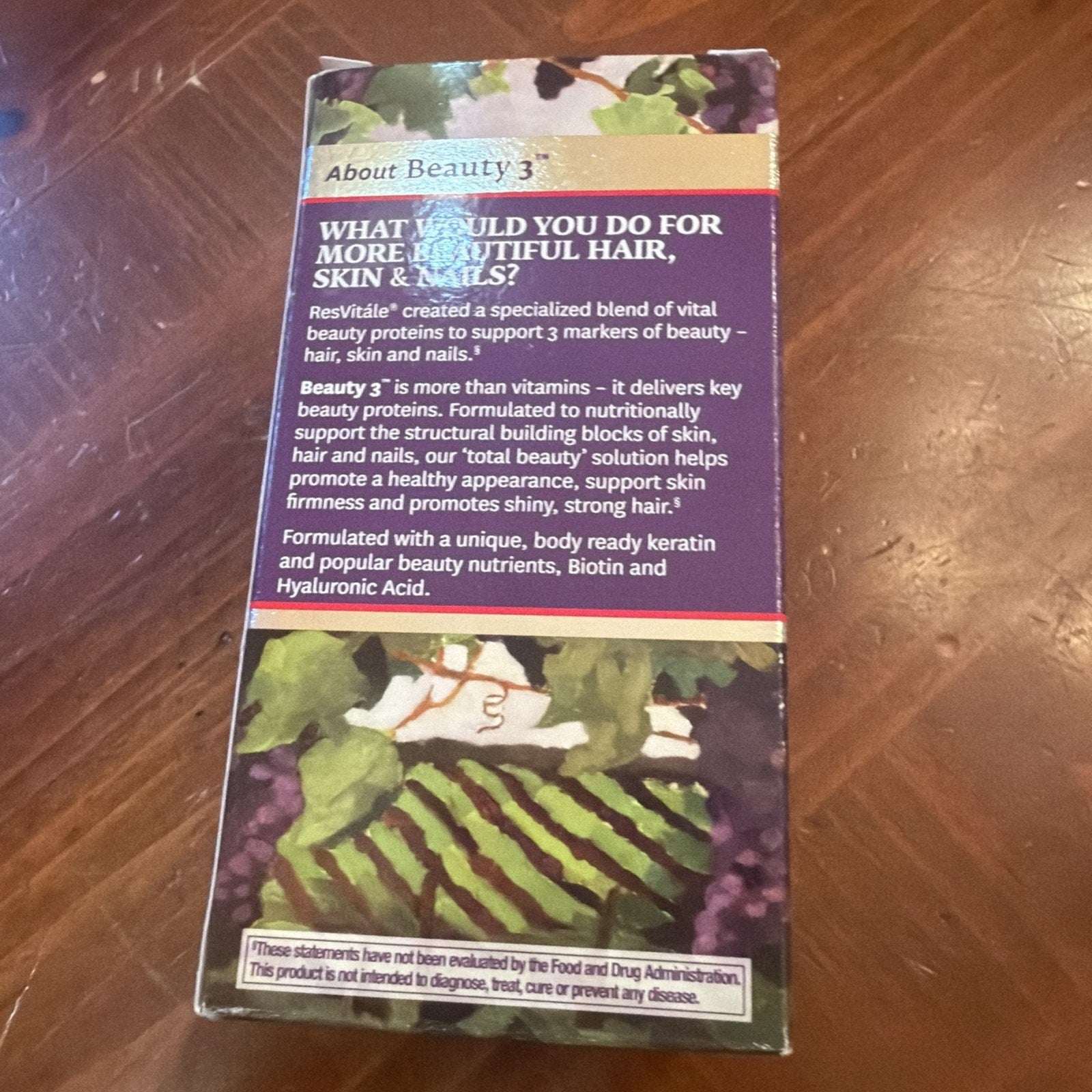 ResVitále Beauty 3 Skin Care Supplement box with colourful botanical pattern and visible hair, skin and nails formula text