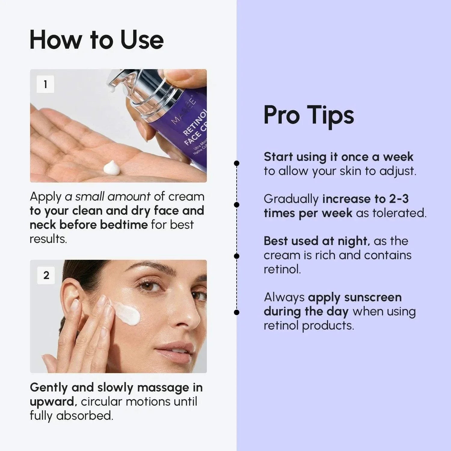 Retinol Lifting & Firming cream use guide with a purple pump bottle, cream application steps and retinol tips