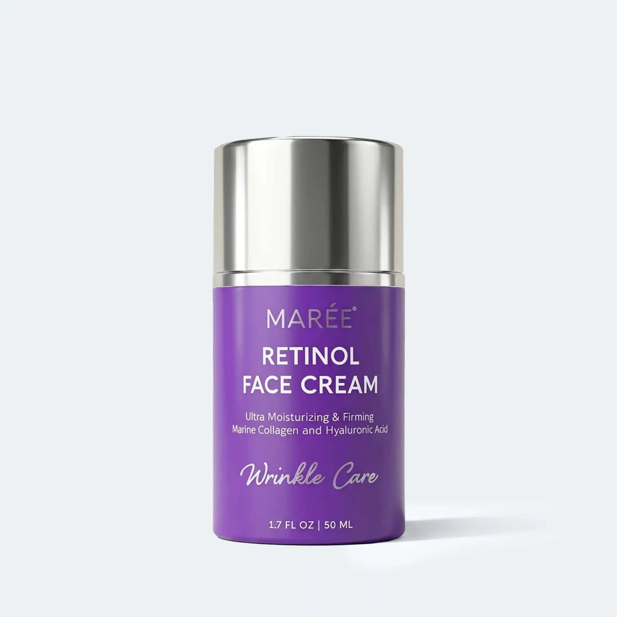 Retinol Lifting & Firming face cream in a purple cylindrical bottle with a silver pump cap and white lettering.