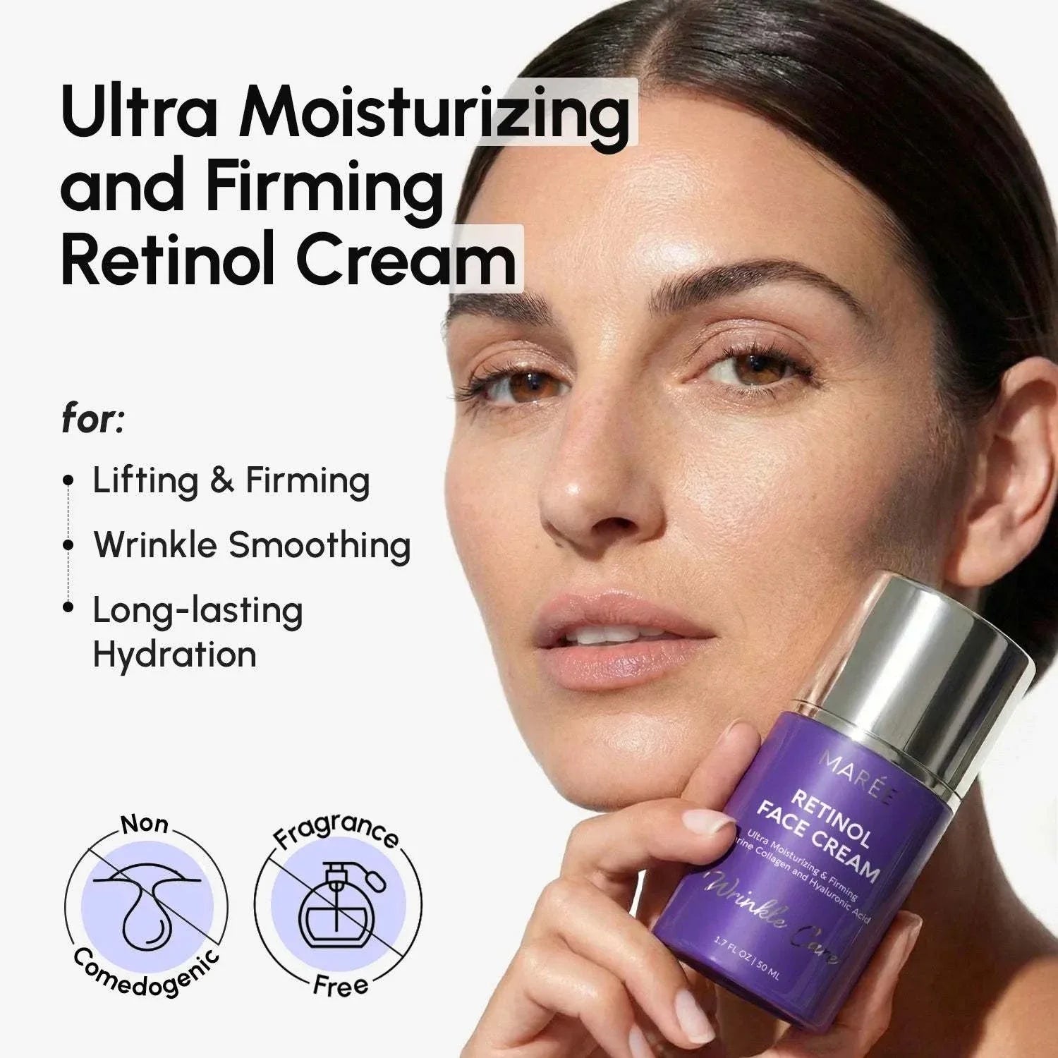 Retinol Lifting & Firming face cream in a purple bottle with a silver pump, shown beside lifting and hydration claims
