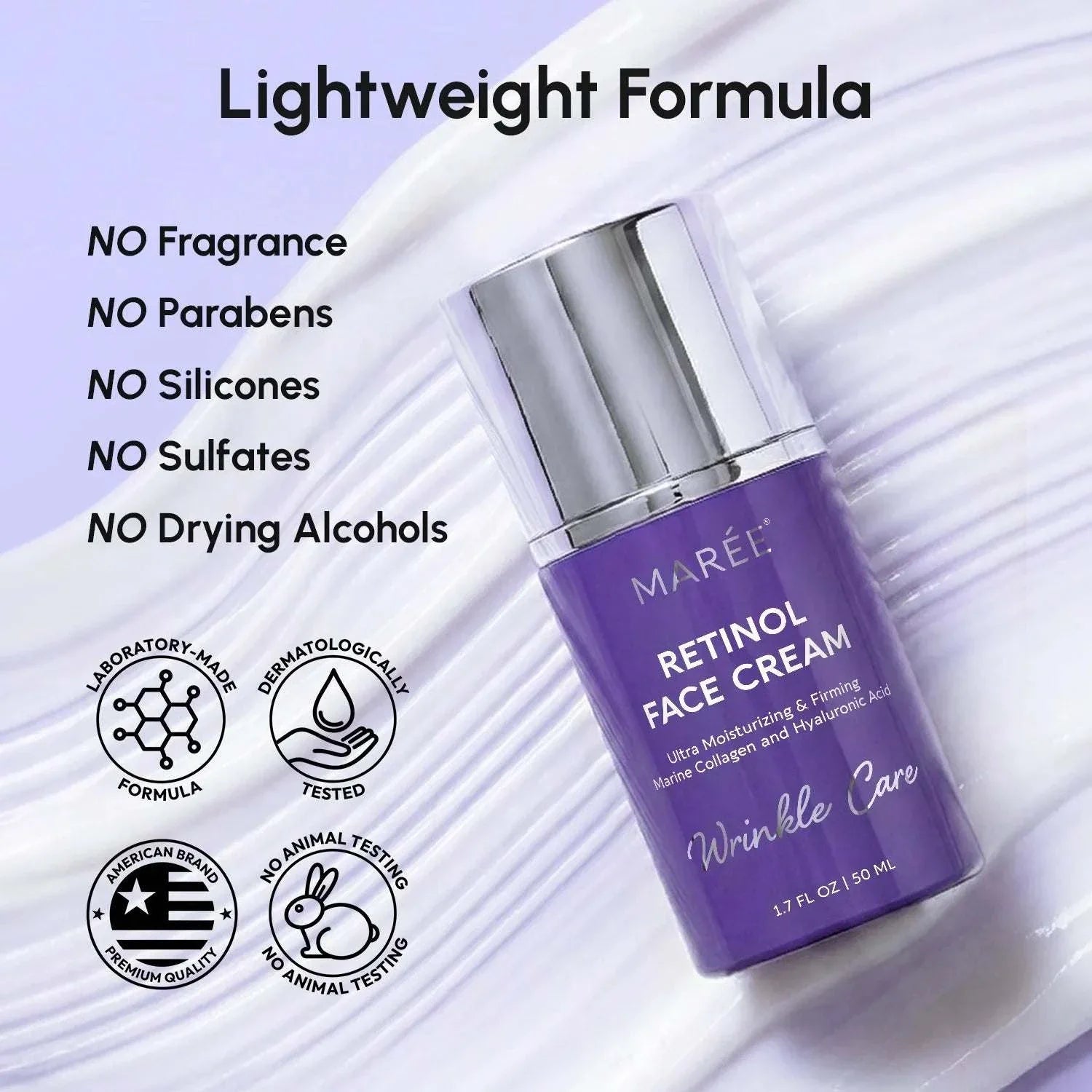 Retinol Lifting & Firming face cream in a purple bottle with a silver pump, labeled retinol face cream and wrinkle care