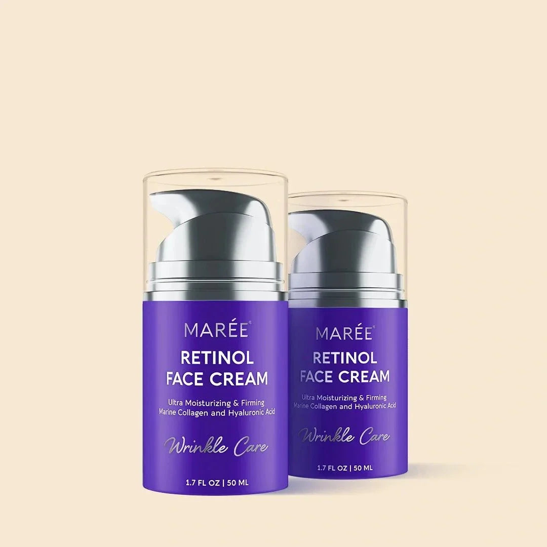 Retinol Lifting & Firming face cream in purple bottles with silver pumps and clear caps, labeled Marée retinol cream