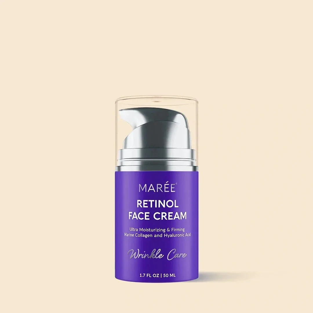 Retinol Lifting & Firming face cream in a purple cylindrical pump bottle with silver dispenser and clear cap