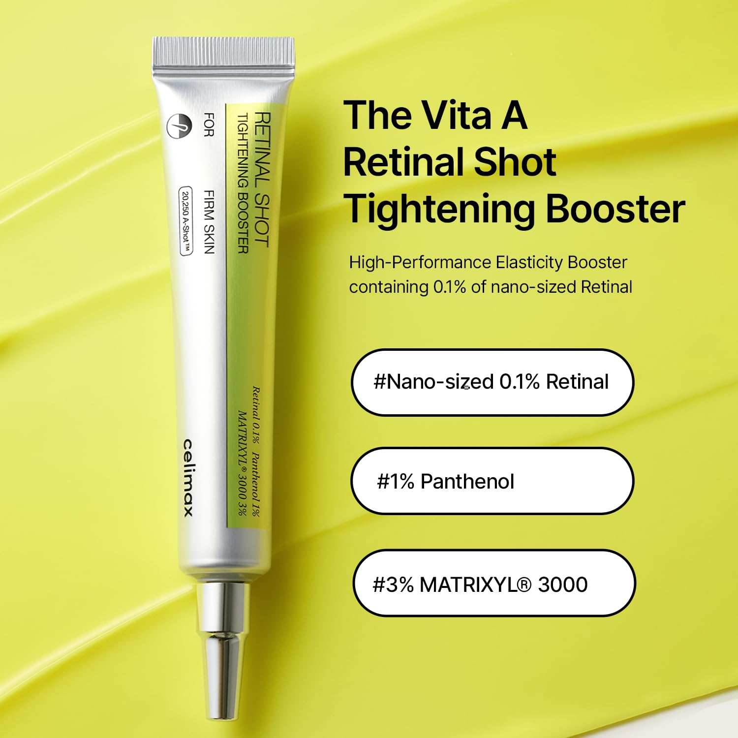 Retinol Shot Tightening booster in silver and yellow tube with metal applicator featuring 0.1% nano-sized retinal text