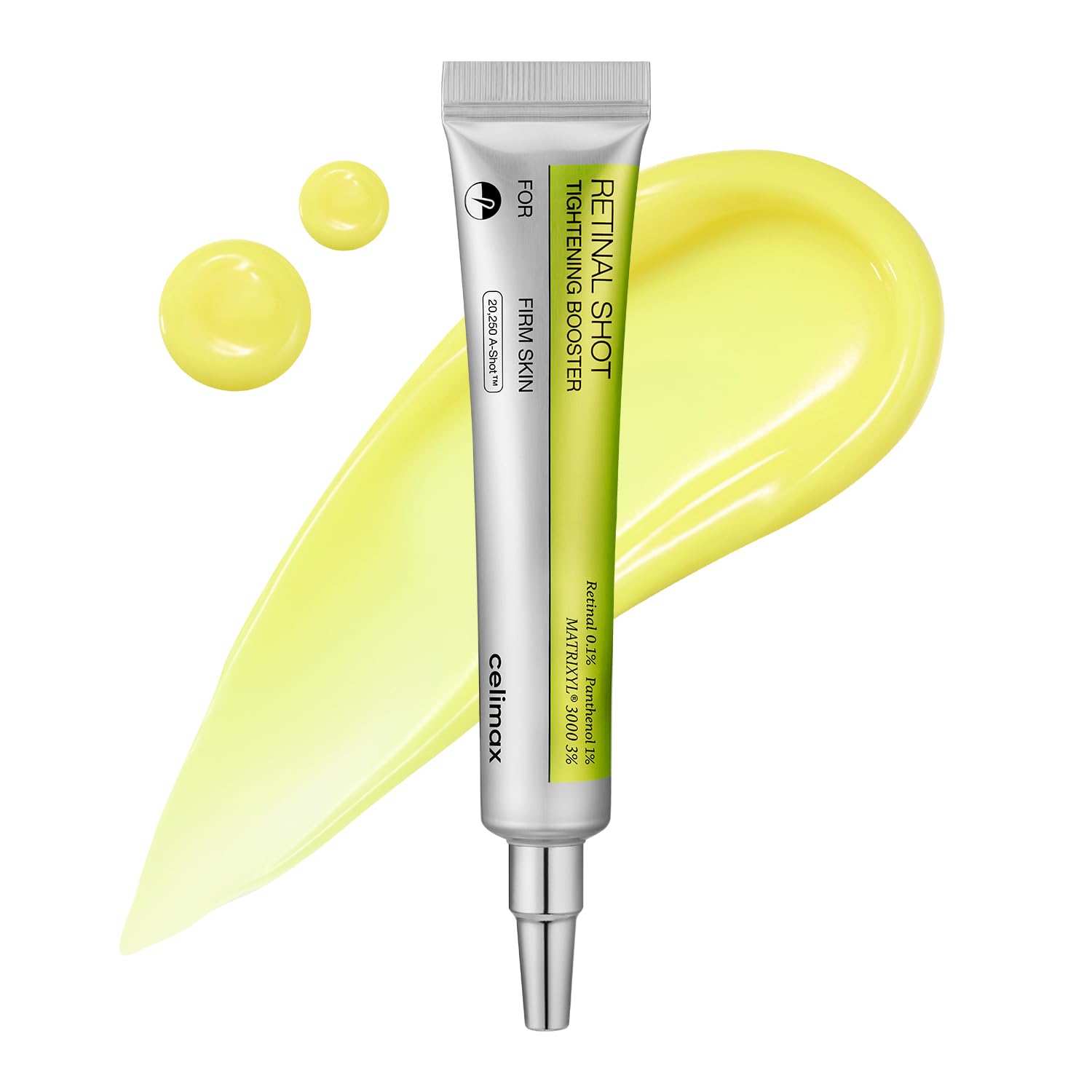 Retinol Shot Tightening anti-aging booster in a silver tube with yellow label, featuring yellow serum drops and swatch behind it.
