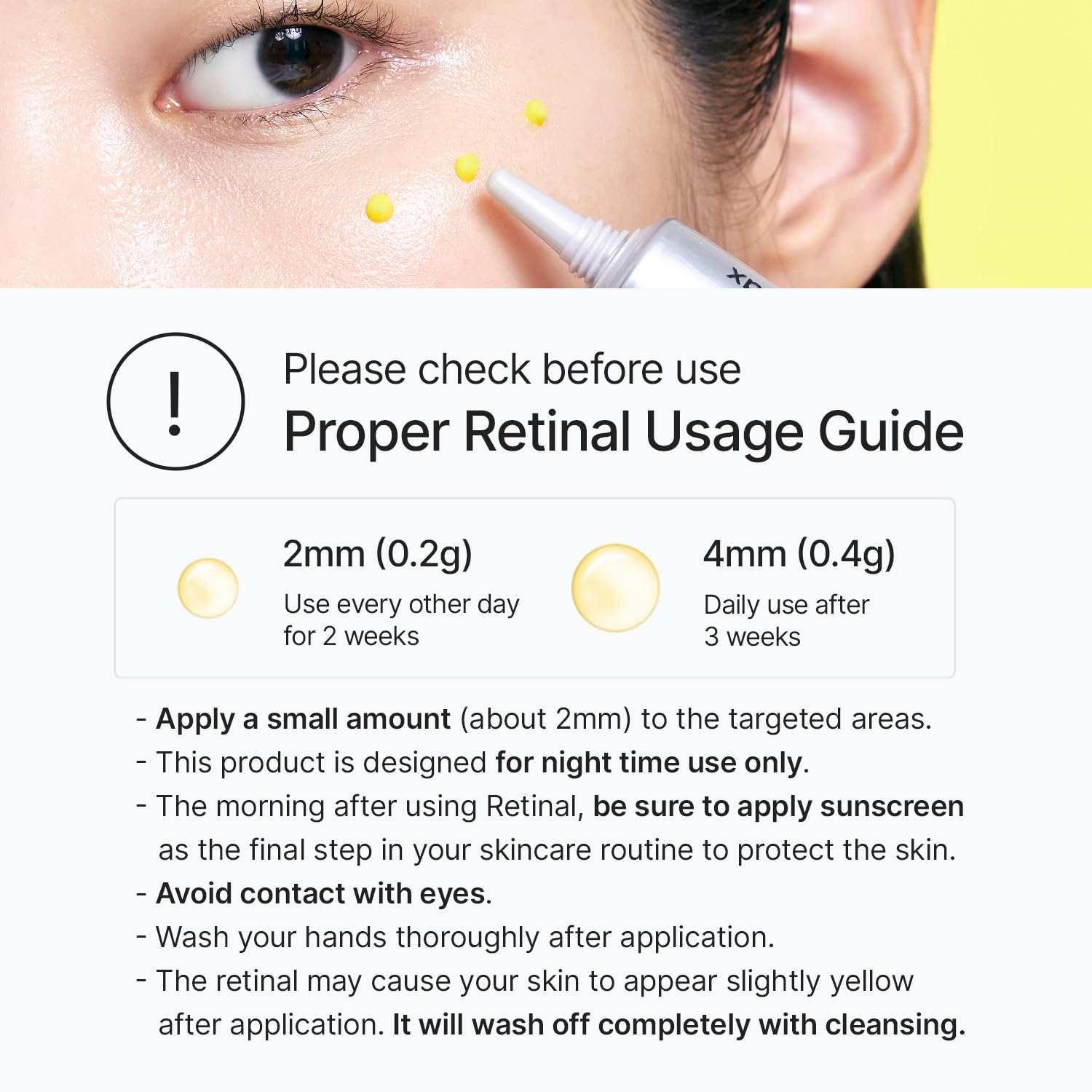 Retinol Shot Tightening cream with a smooth yellow texture applied in small dots near the eye on fair skin.