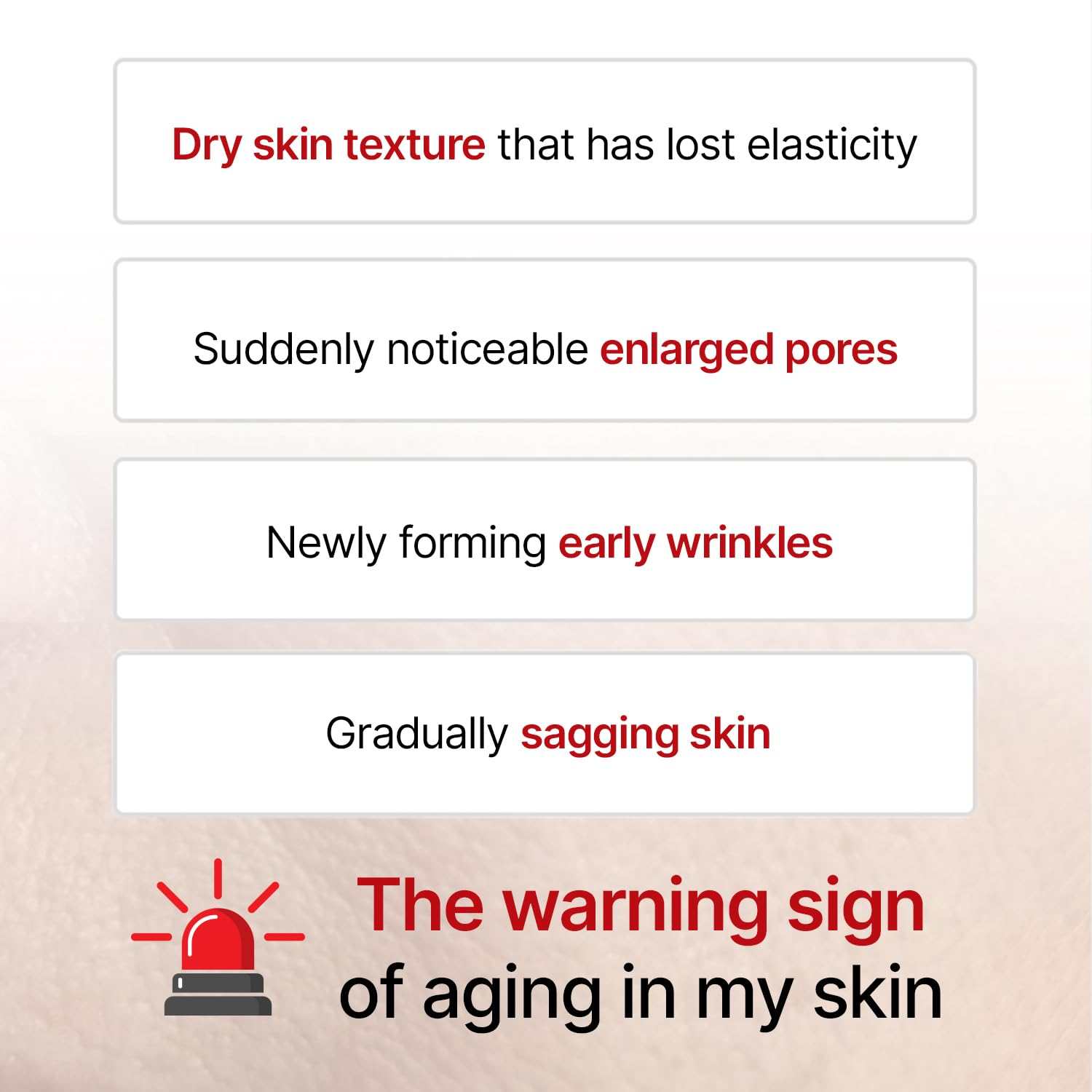 Infographic showing warning signs of aging skin with text highlighting dry skin texture, enlarged pores, early wrinkles, and sagging skin for Retinol Shot Tightening.
