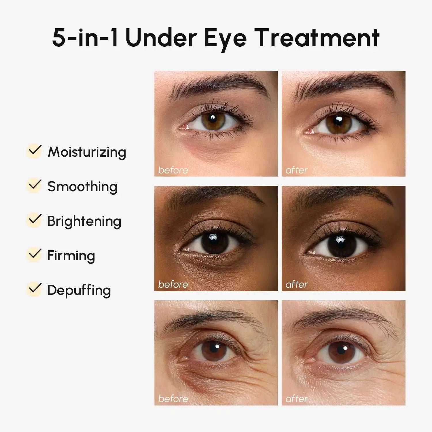 Retinol Under Eye Brightener presentation with moisturizing, smoothing, brightening, firming and depuffing claims beside before-and-after eye comparisons
