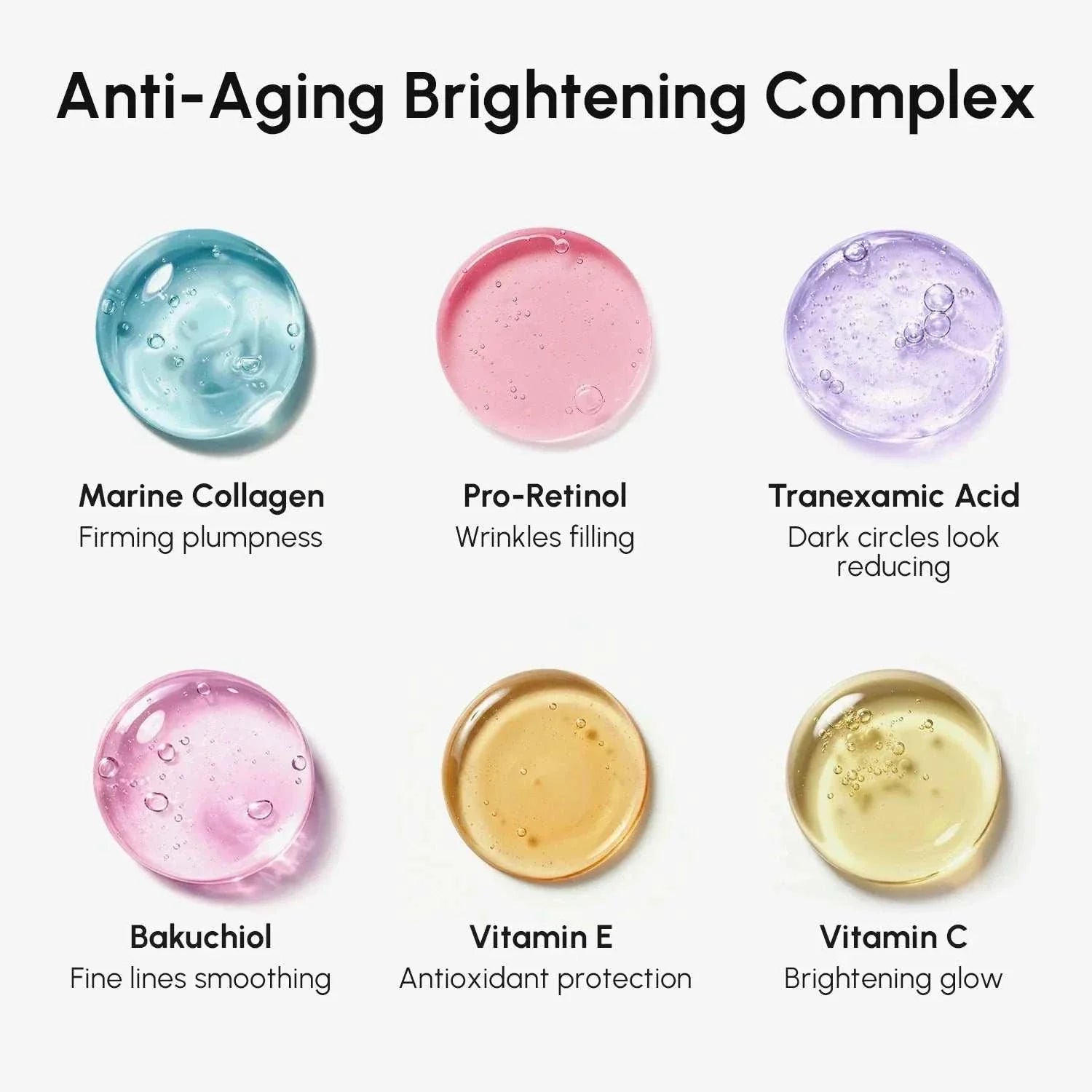 Retinol Under Eye Brightener ingredient graphic with six colorful serum swatches labeled collagen, retinol, tranexamic acid, bakuchiol, and vitamins