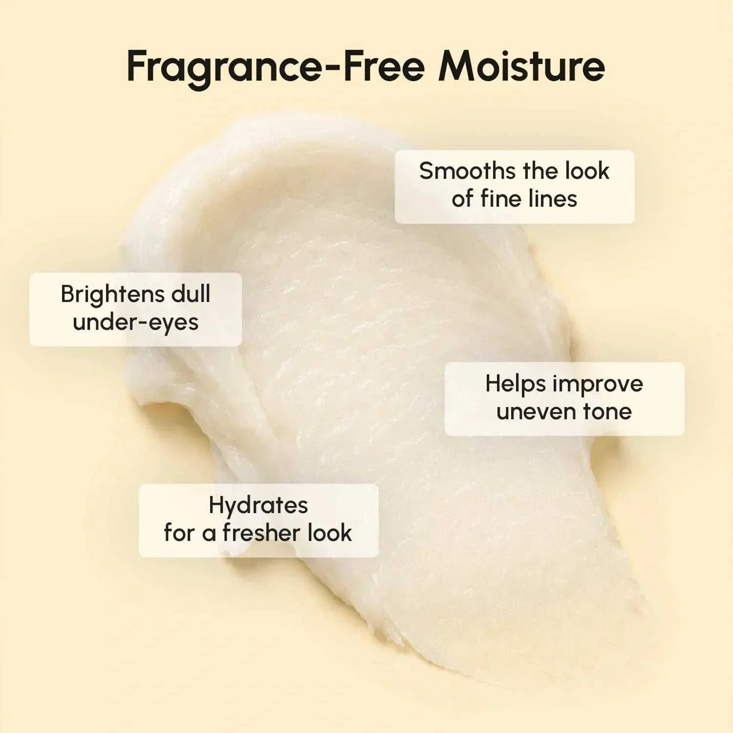 Retinol Under Eye Brightener shown as a translucent white balm smear, with claims about hydration, fine lines and uneven tone