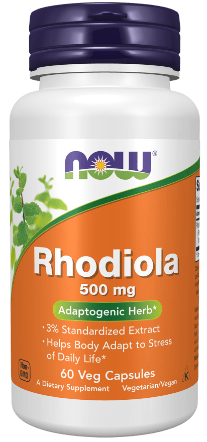 Rhodiola 500mg Ext. supplement in a white bottle with orange and green label, purple cap and 60 capsules