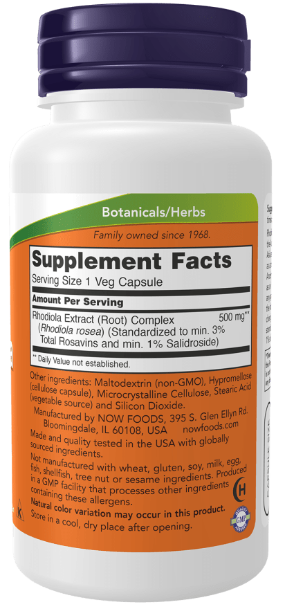Rhodiola 500mg Ext. supplement bottle with a white body, purple cap, and green and orange botanical label