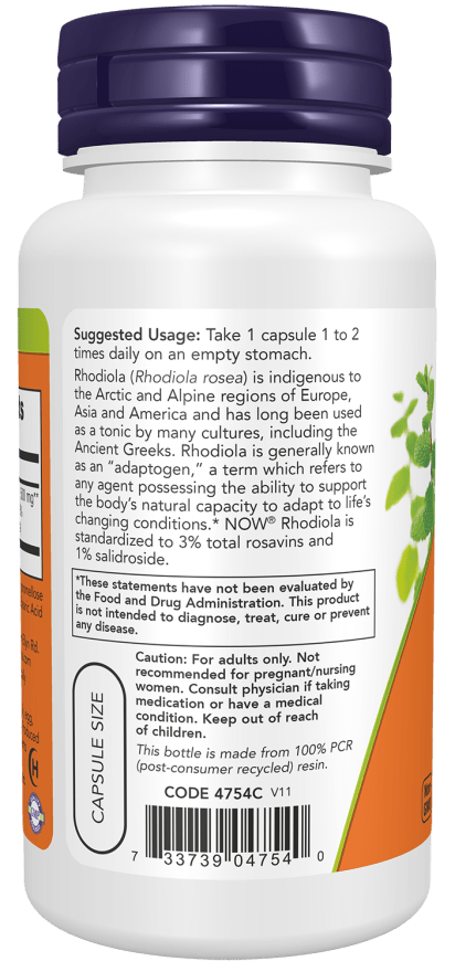 Rhodiola 500mg Ext. supplement bottle with a white label, purple cap, and green and orange side panels
