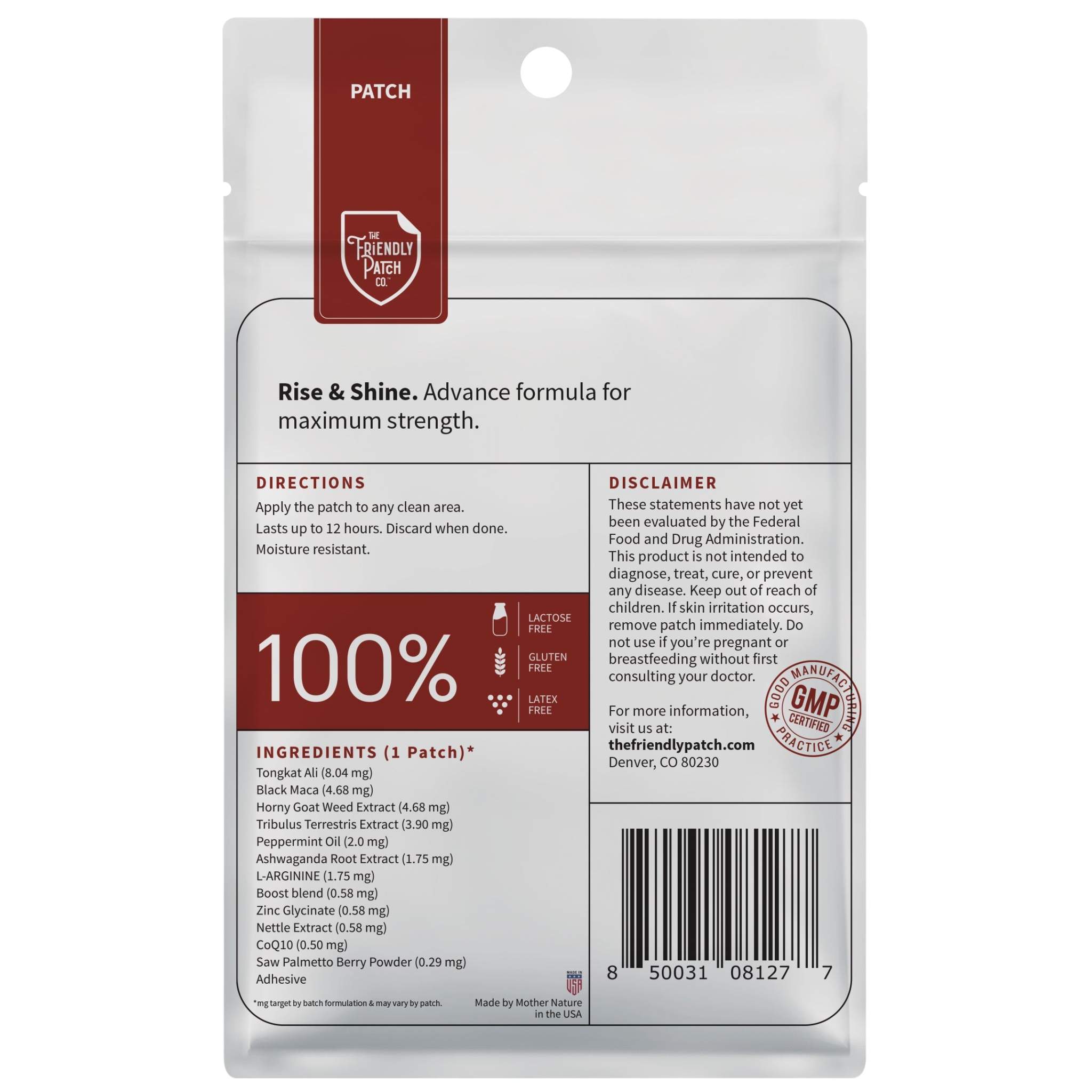 Packaging of white and burgundy Rise & Shine Patches with text and ingredient details visible, designed for daily vitality support.