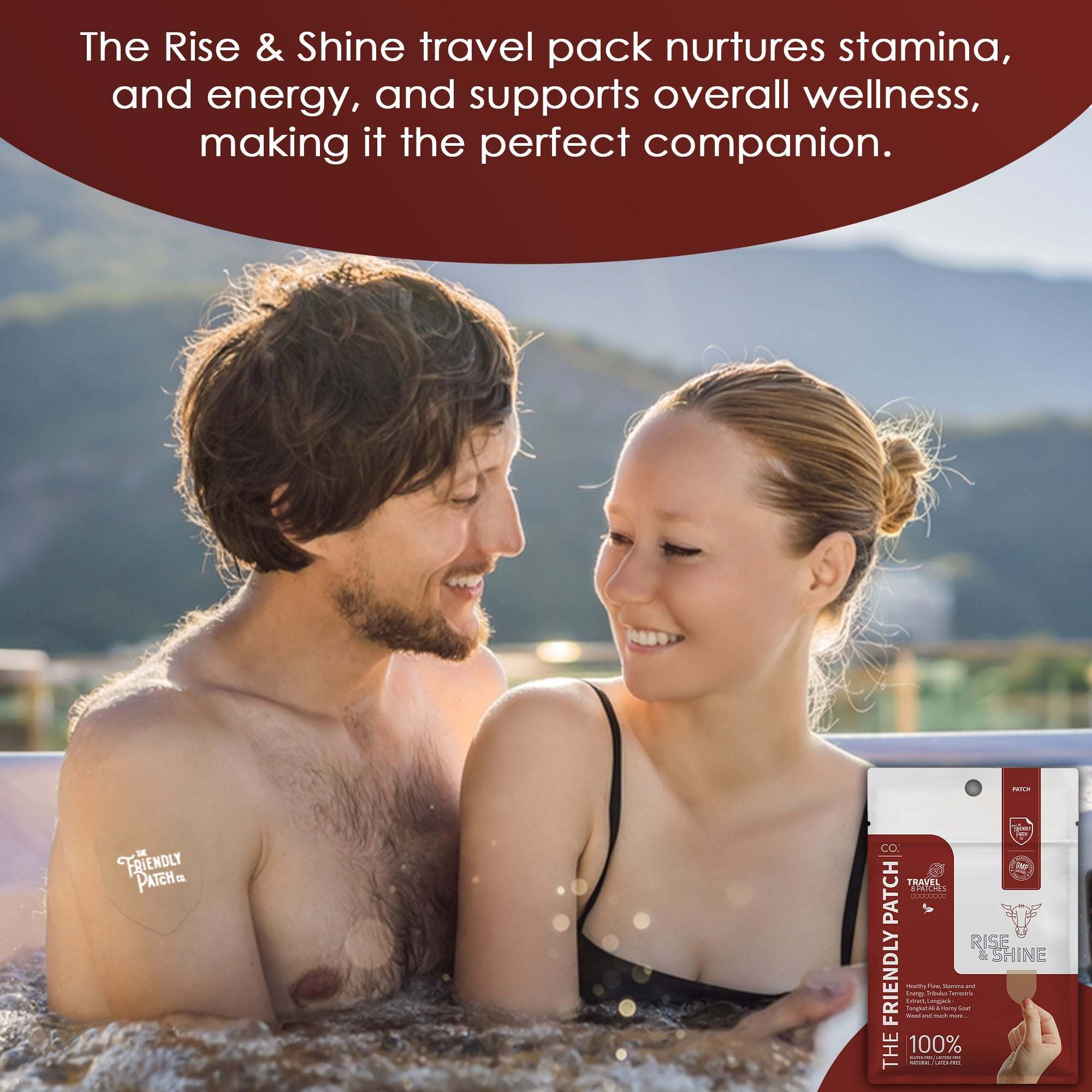 Rise & Shine Patches visible as small white wellness patch on man's shoulder, featuring discreet, clear design with red and white packaging next to smiling couple