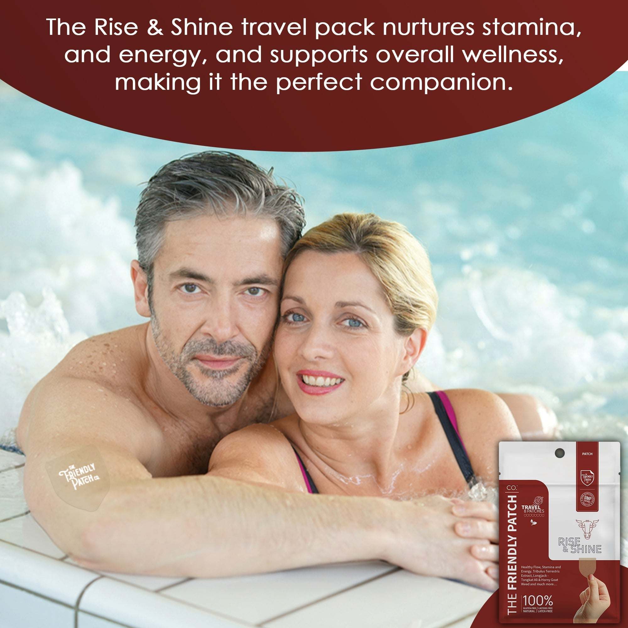 Rise & Shine Patches clear adhesive wellness patches on man’s shoulder in pool with couple and product packaging visible in hand.