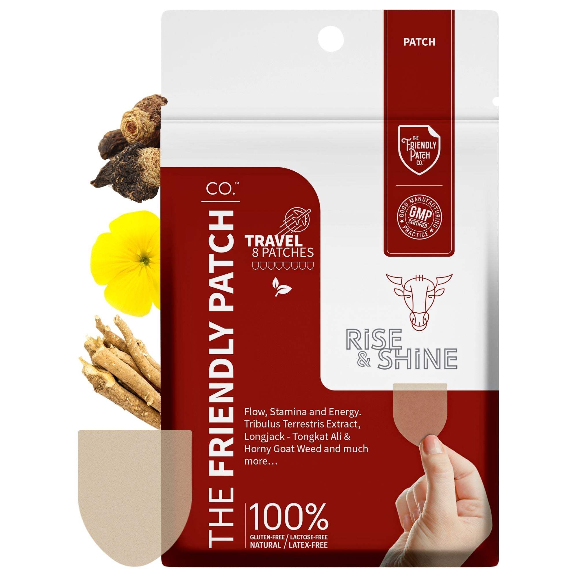 Rise & Shine Patches travel pack with white and red packaging, featuring plant extracts and 100% natural ingredients label.